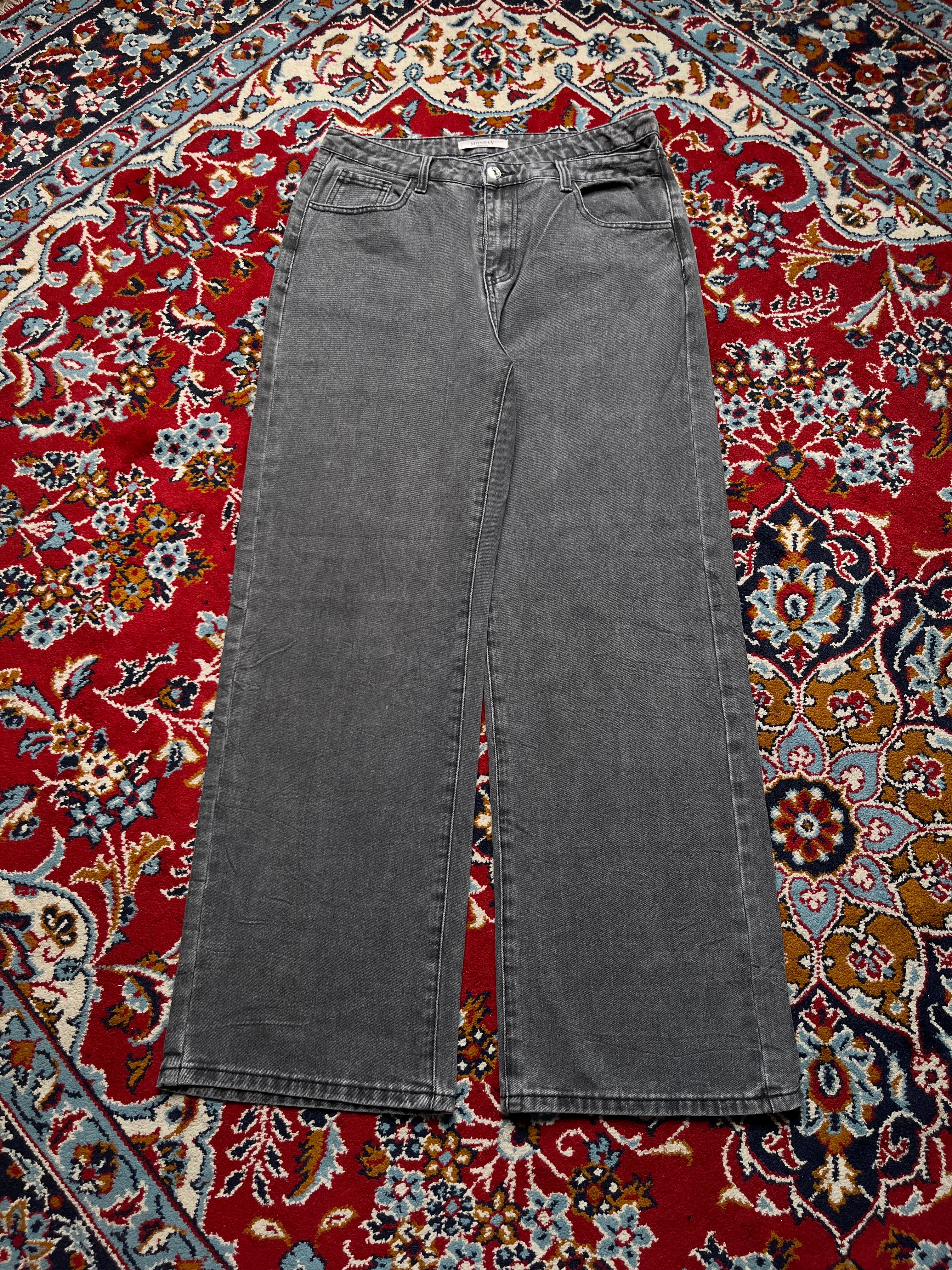 MONDAY Premium Grey Acid Washed High Rise Baggy Fit JEANS - 32