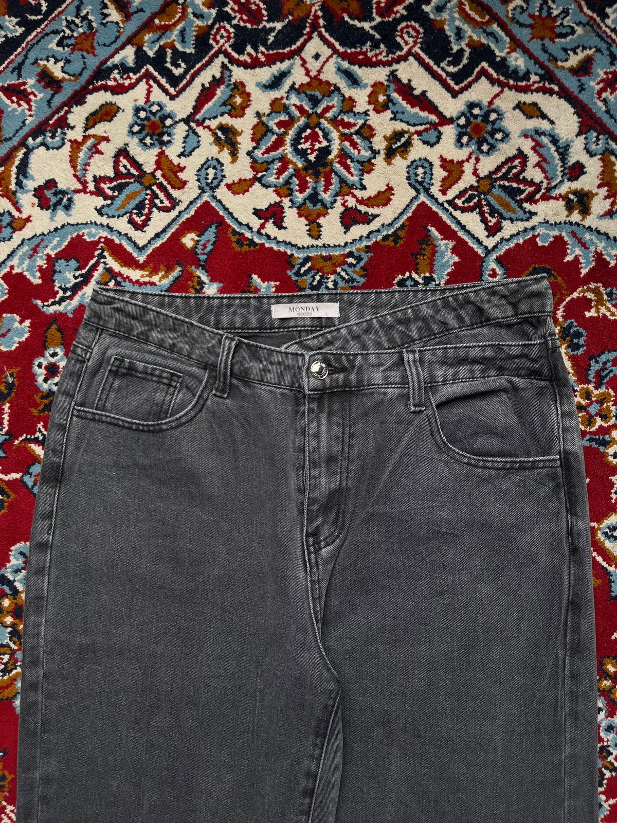 MONDAY Premium Grey Acid Washed High Rise Baggy Fit JEANS - 32