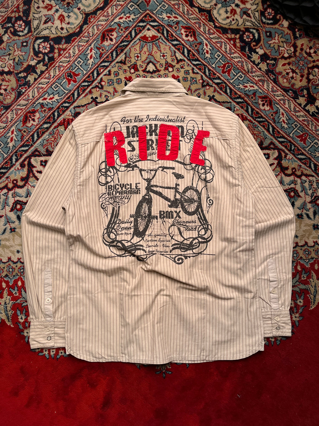 Vintage Celio Sportswear Striped Graphic Back Button Down Shirt - M
