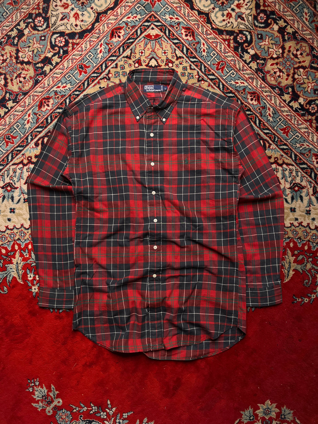 POLO RALPH LAUREN Red Navy Plaid Tartan BUTTON DOWN SHIRT - L