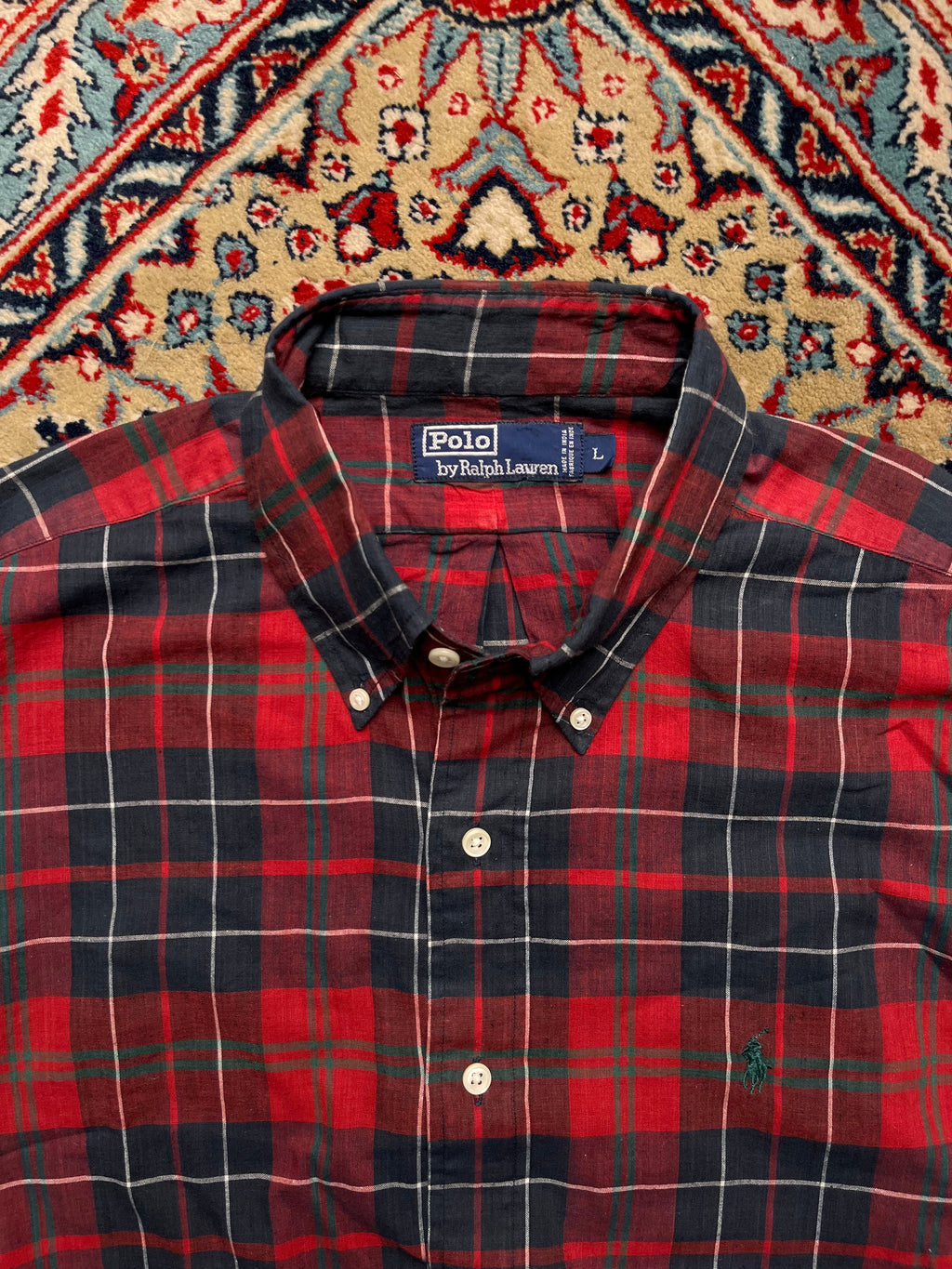 POLO RALPH LAUREN Red Navy Plaid Tartan BUTTON DOWN SHIRT - L