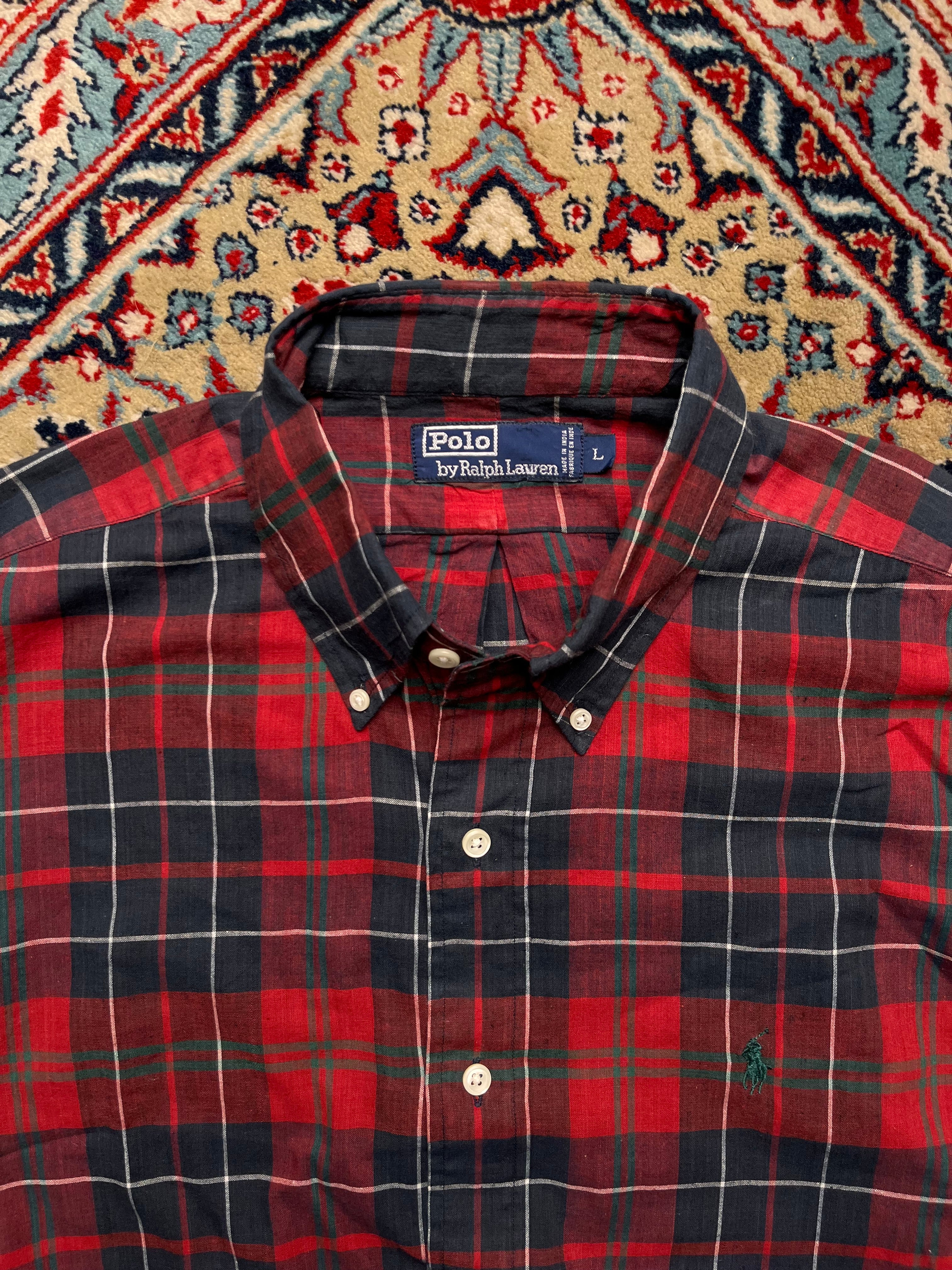 POLO RALPH LAUREN Red Navy Plaid Tartan BUTTON DOWN SHIRT - L