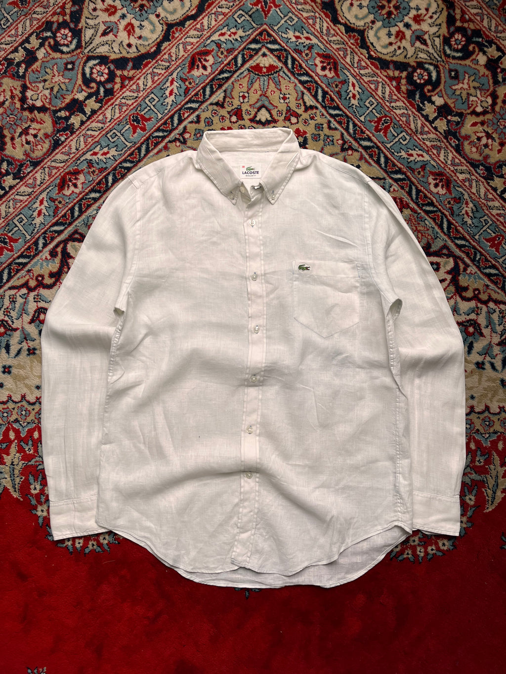 LACOSTE White Regular Fit Linen Button Down Shirt - L
