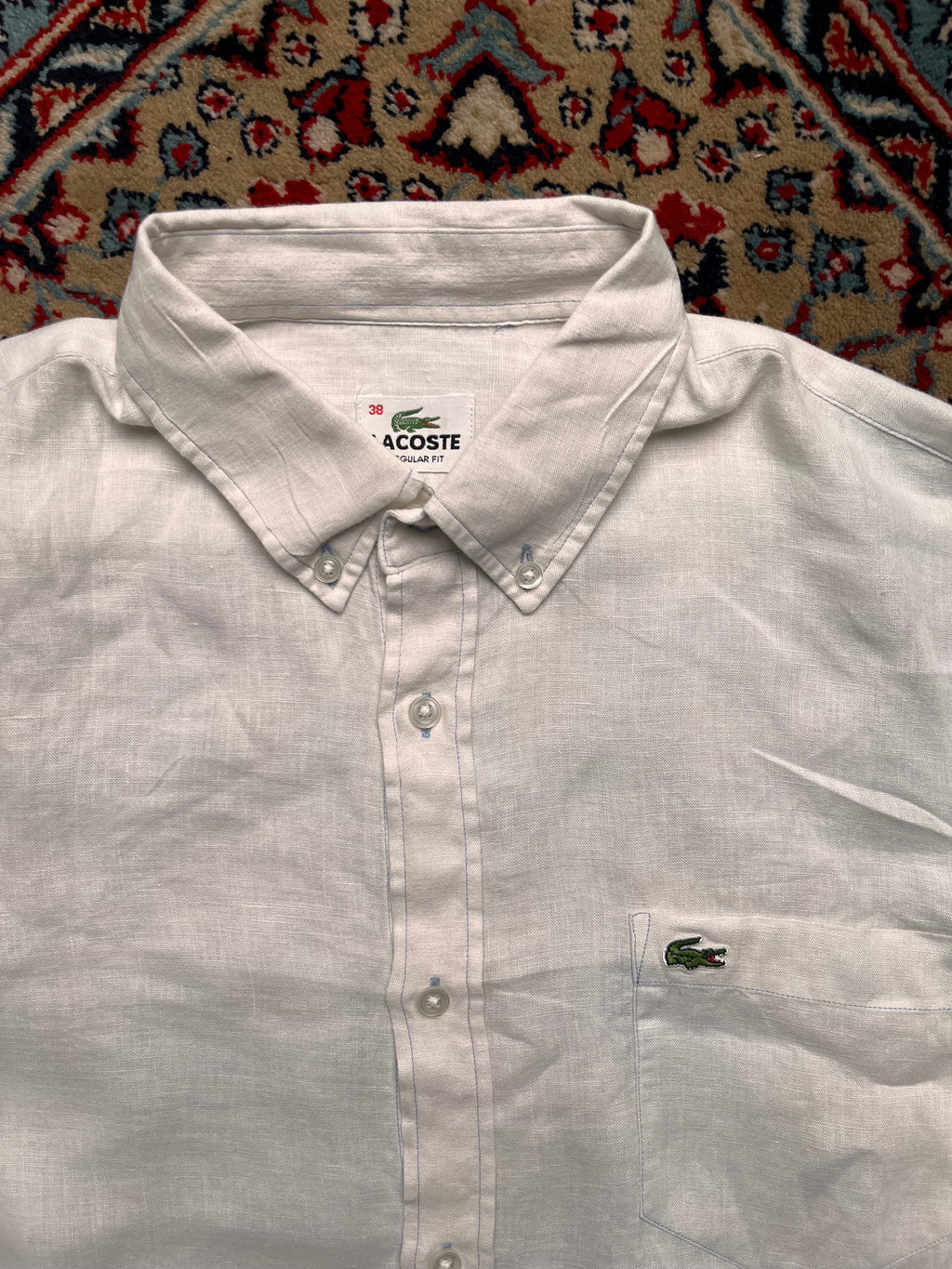 LACOSTE White Regular Fit Linen Button Down Shirt - L