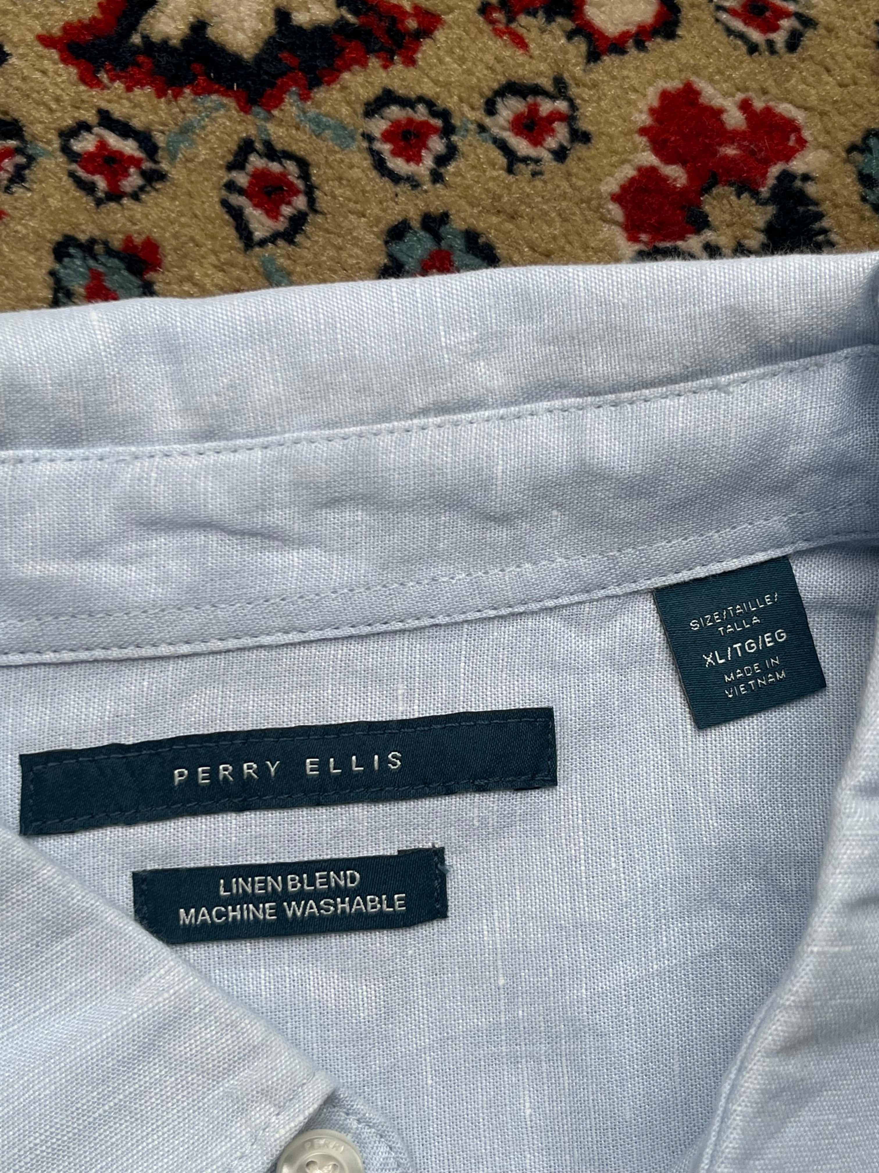 PERRY ELLIS Light Blue Linen Blend BUTTON DOWN SHIRT - XL