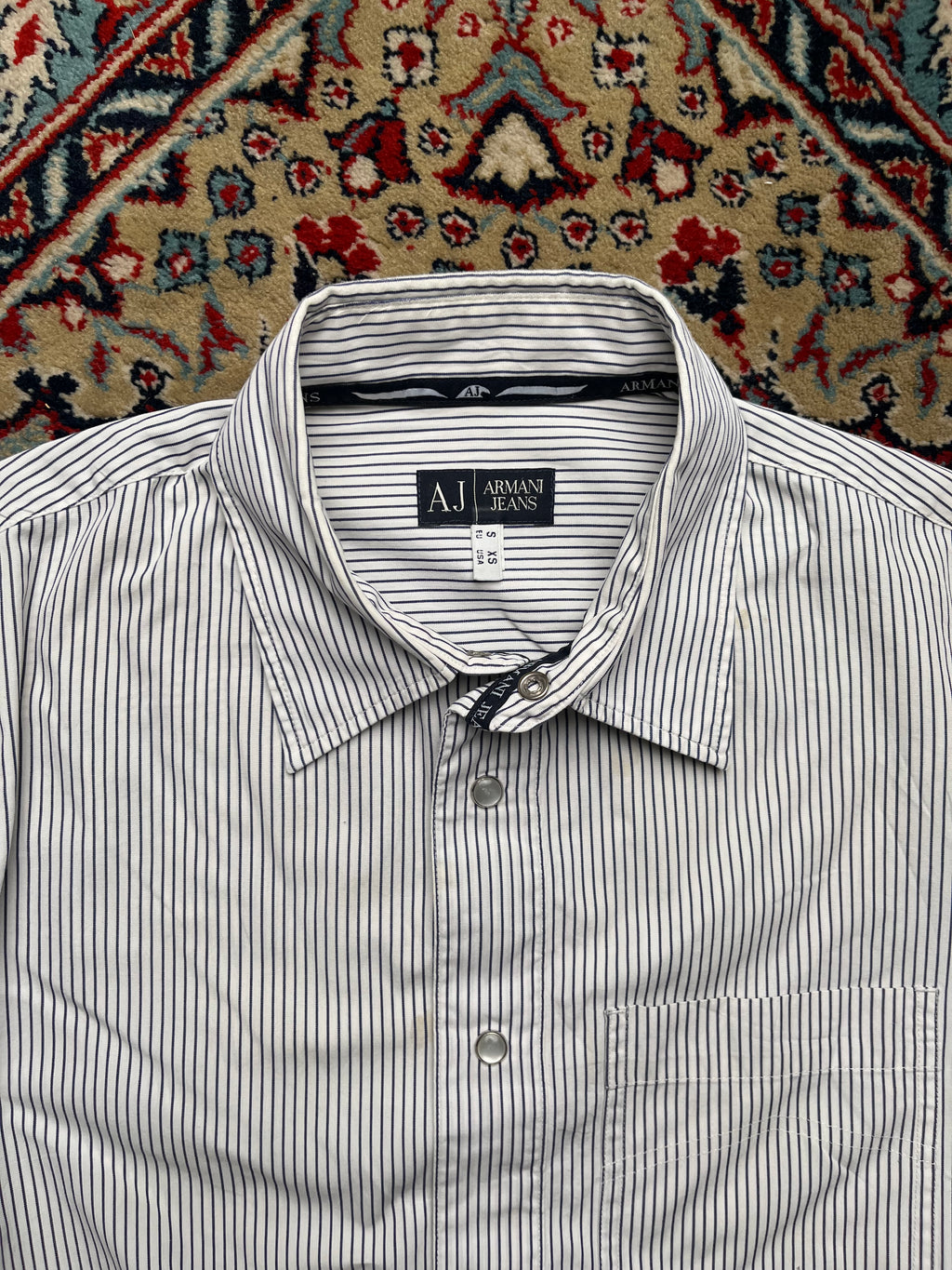 ARMANI JEANS Striped Logo Back Pearl BUTTON DOWN SHIRT - L