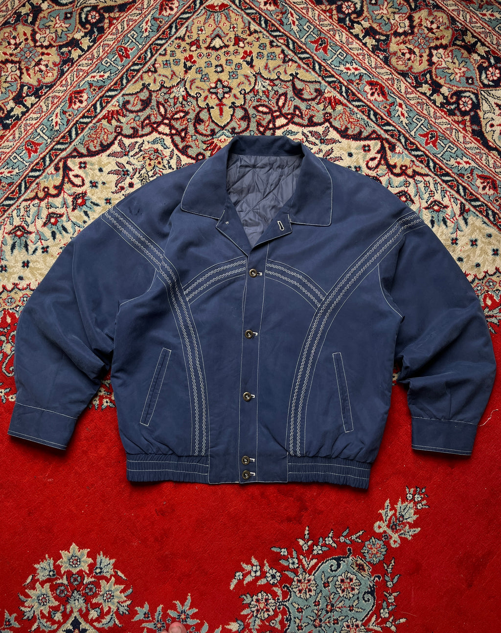 Vintage Navy Blue Western Contrast Stitch Bomber Jacket - M