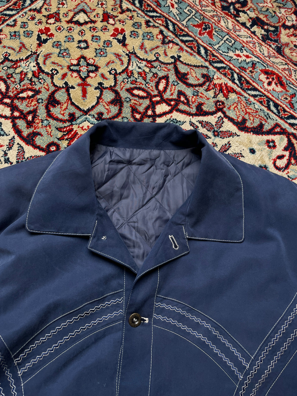 Vintage Navy Blue Western Contrast Stitch Bomber Jacket - M