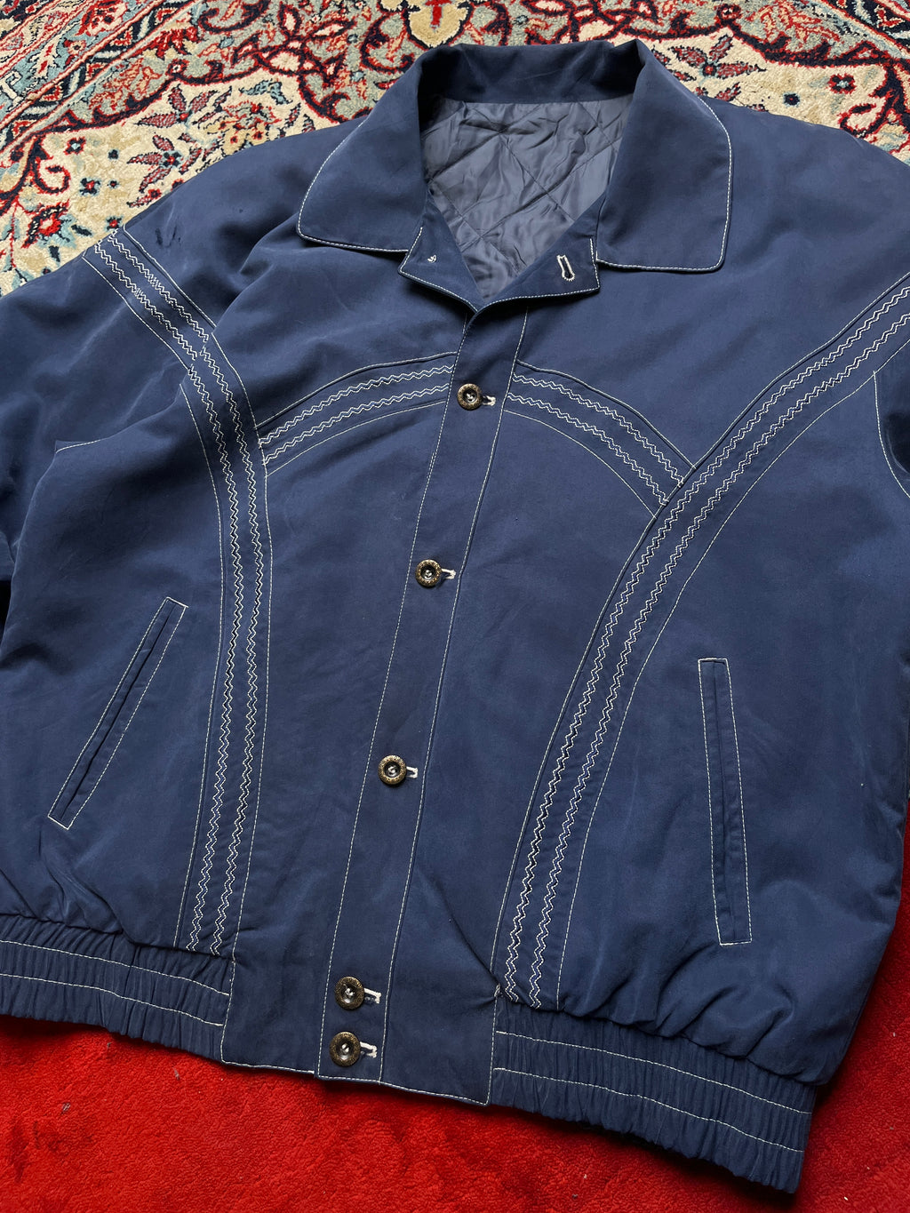 Vintage Navy Blue Western Contrast Stitch Bomber Jacket - M