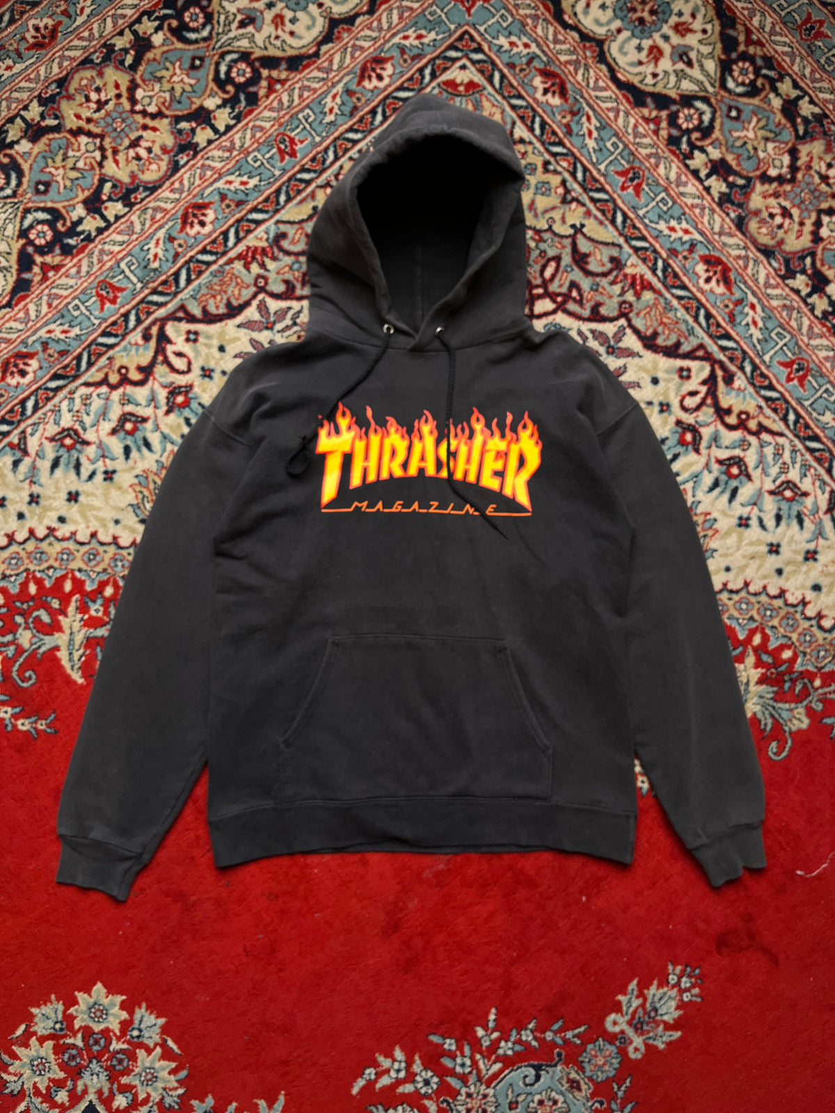 Thrasher Magazine Faded Black Flame Logo Hoodie - S