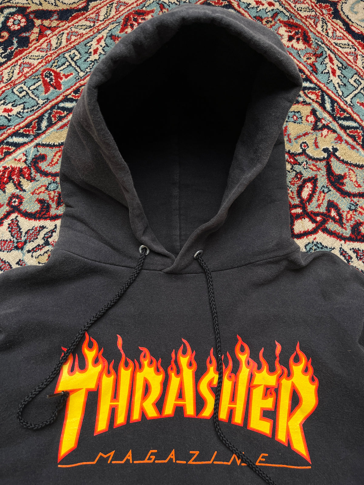 Thrasher Magazine Faded Black Flame Logo Hoodie - S
