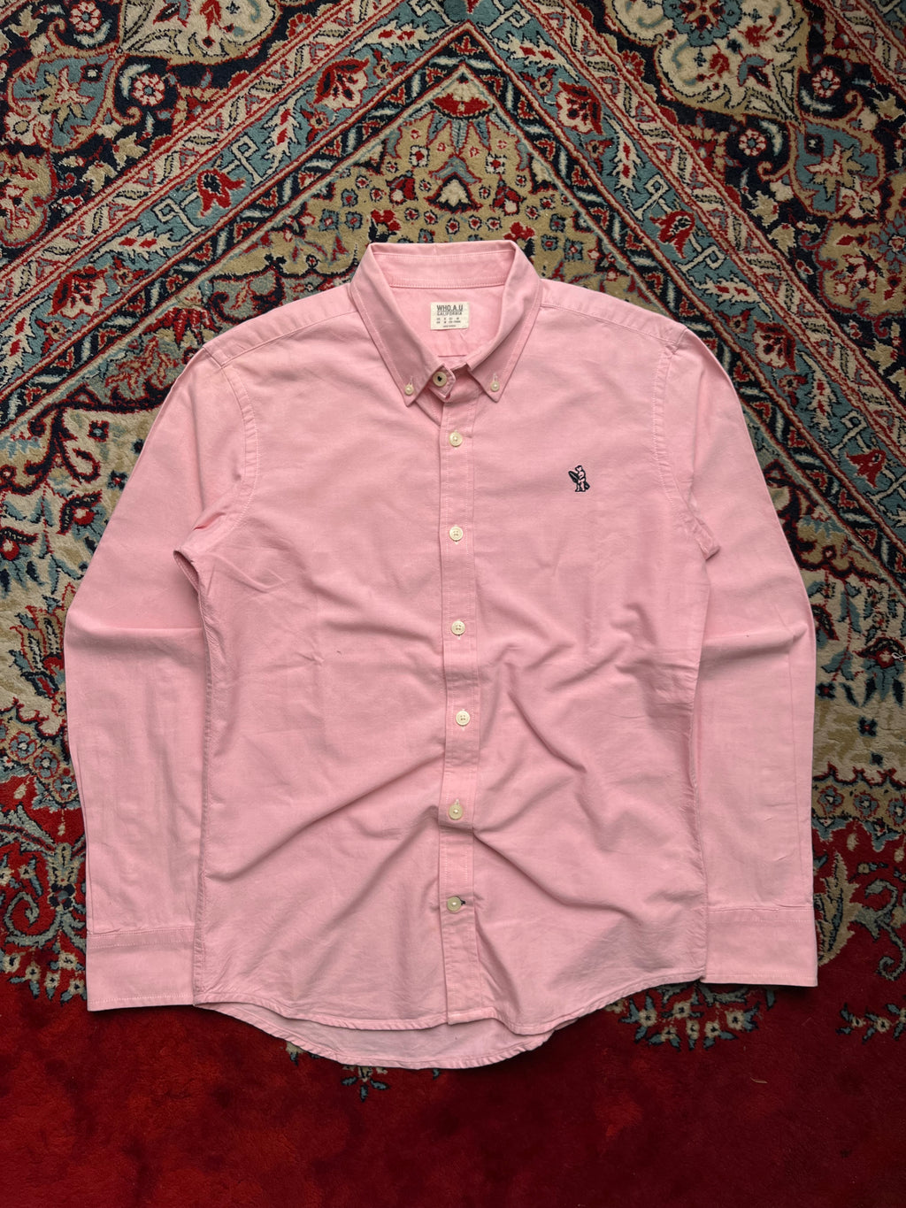WHO.A.U California Pink Cotton Oxford Bear Logo SLIM FIT BUTTON DOWN SHIRT - L