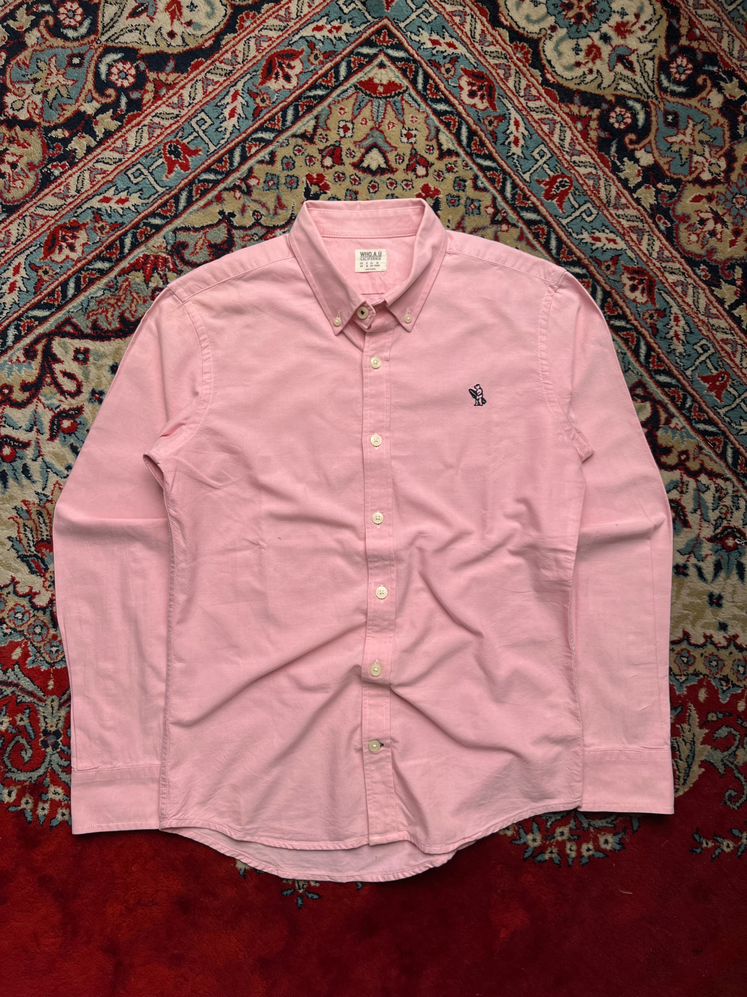 WHO.A.U California Pink Cotton Oxford Bear Logo SLIM FIT BUTTON DOWN SHIRT - L
