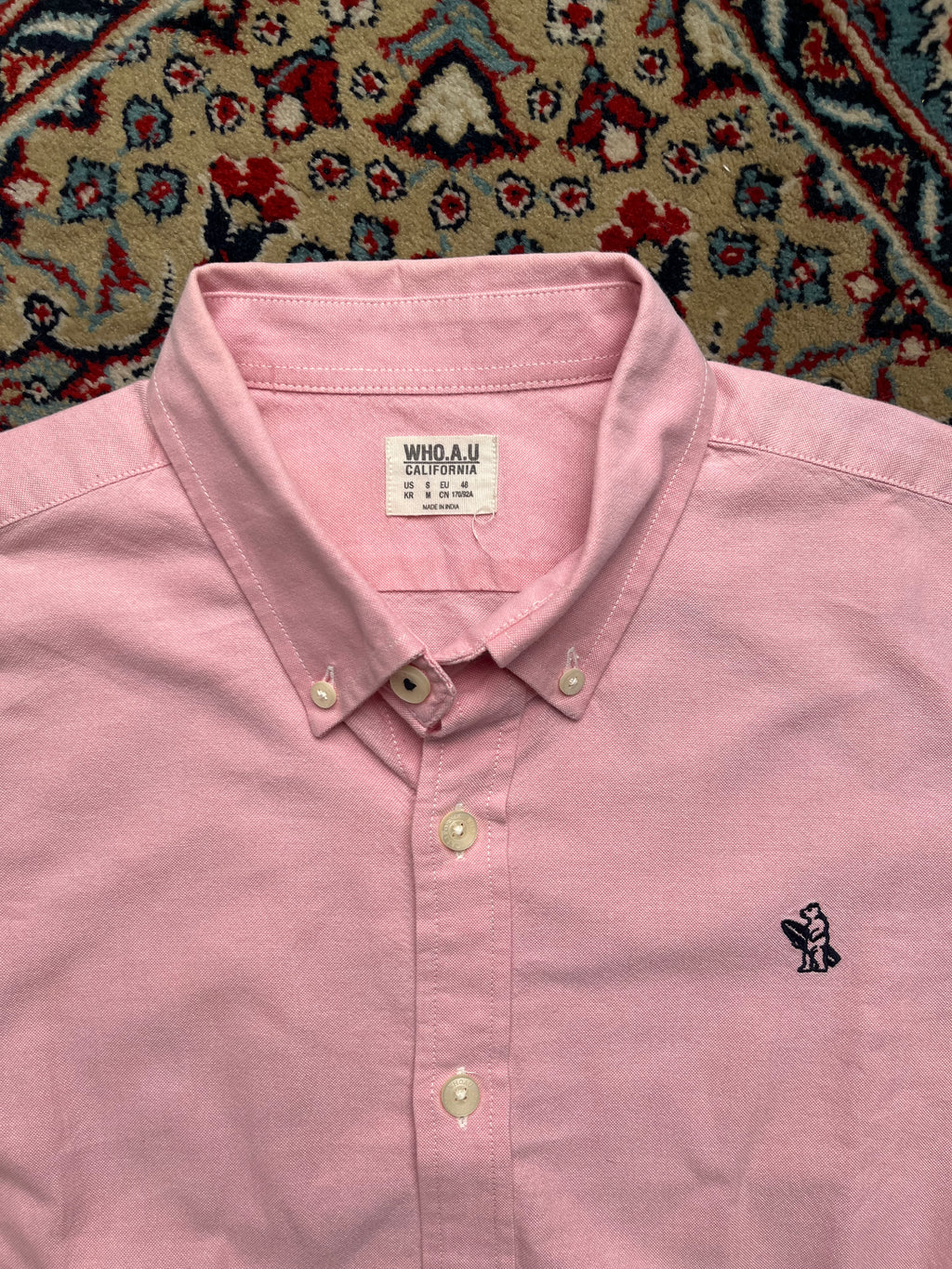 WHO.A.U California Pink Cotton Oxford Bear Logo SLIM FIT BUTTON DOWN SHIRT - L