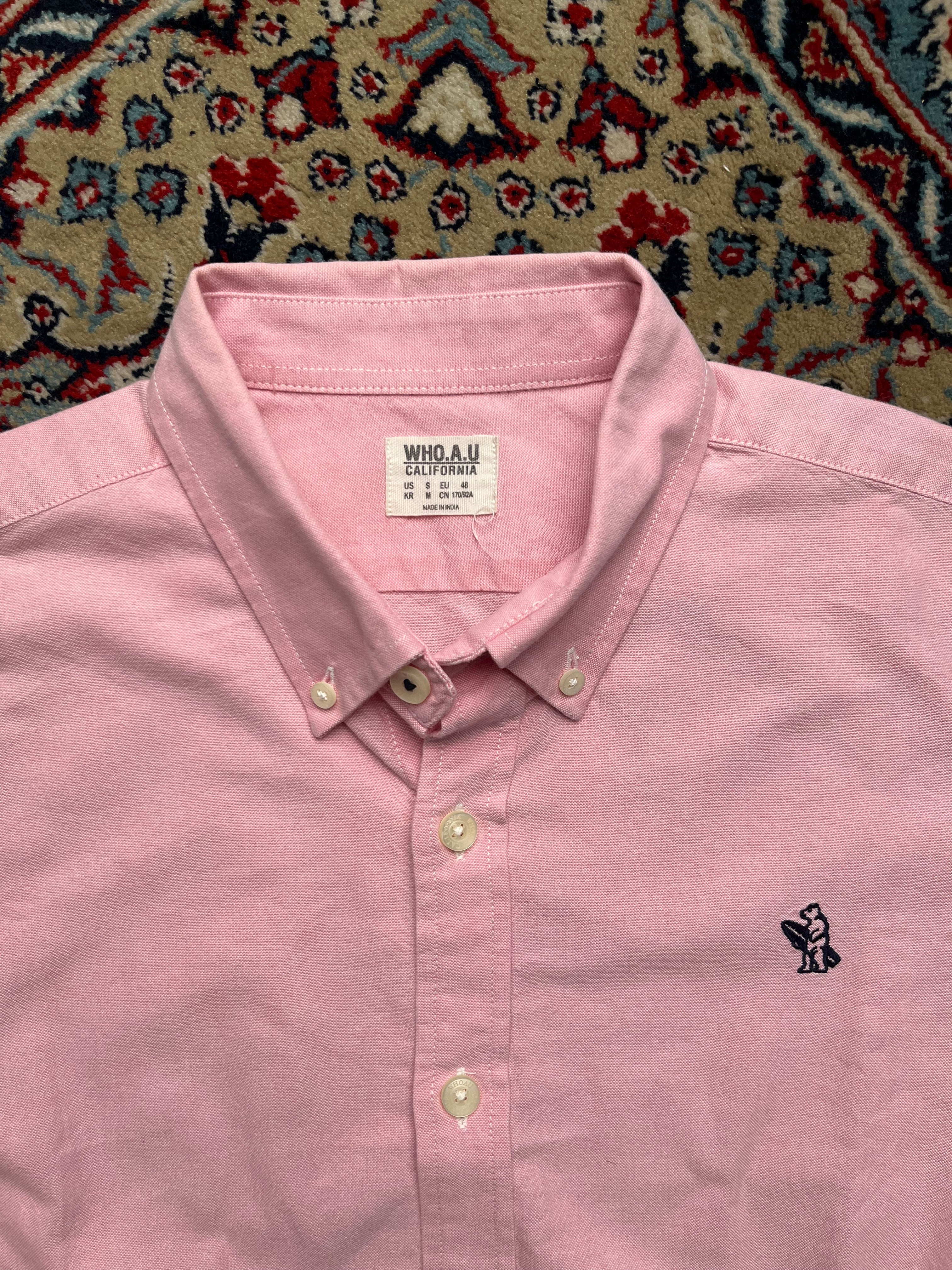WHO.A.U California Pink Cotton Oxford Bear Logo SLIM FIT BUTTON DOWN SHIRT - L