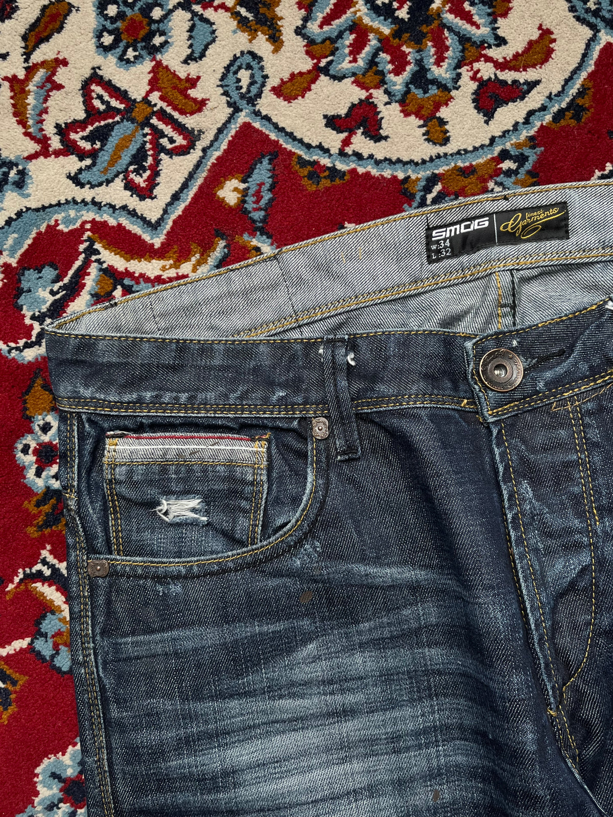 Smog New Yorker Dark Washed Distressed Straight Fit Jeans - 36