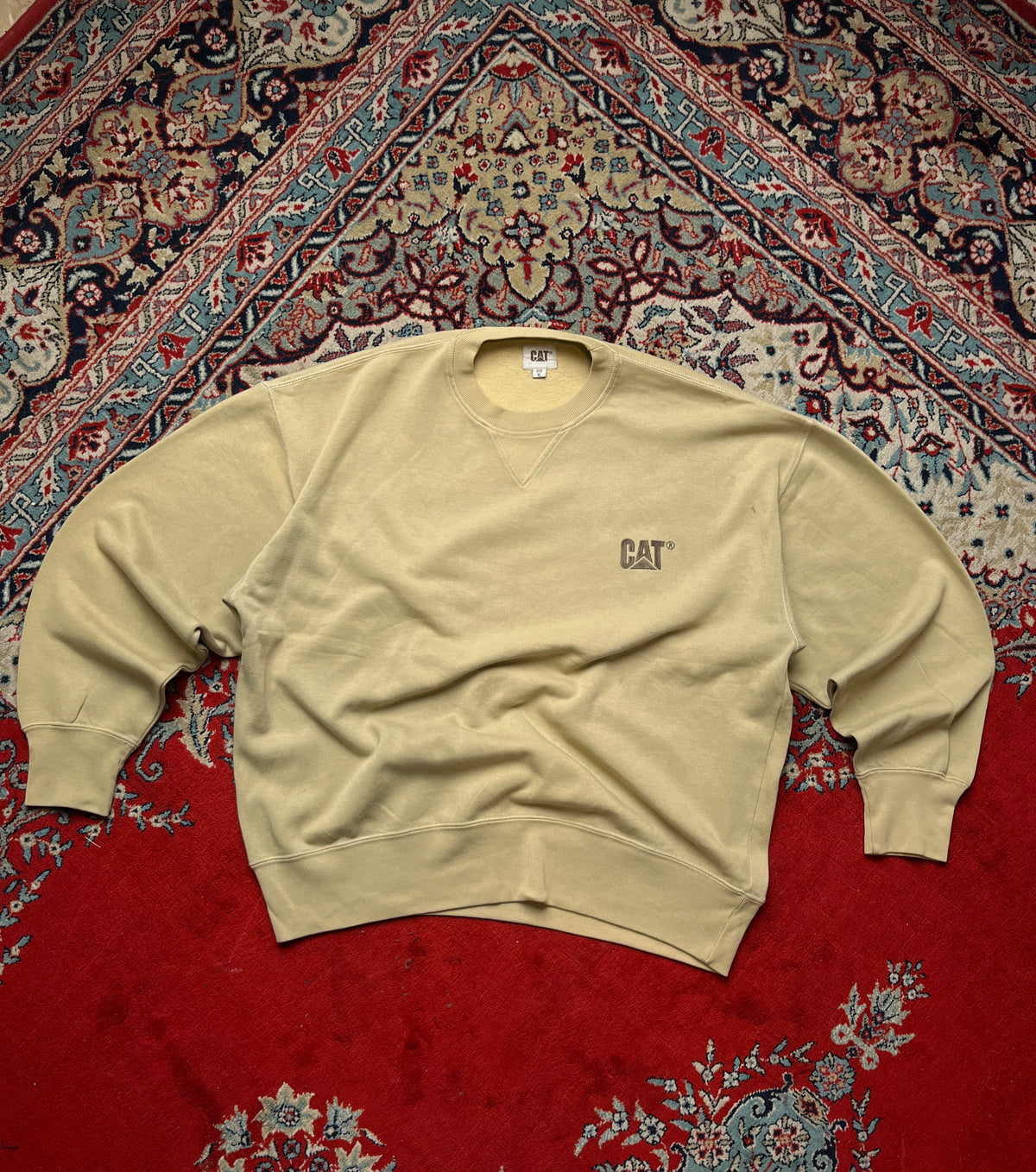 CAT Caterpillar Beige Embroidered Logo V-Insert Fleece Crewneck Sweatshirt - L