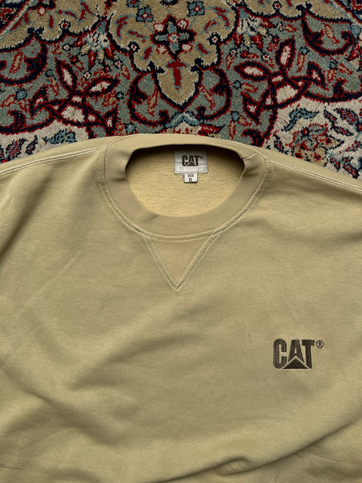 CAT Caterpillar Beige Embroidered Logo V-Insert Fleece Crewneck Sweatshirt - L