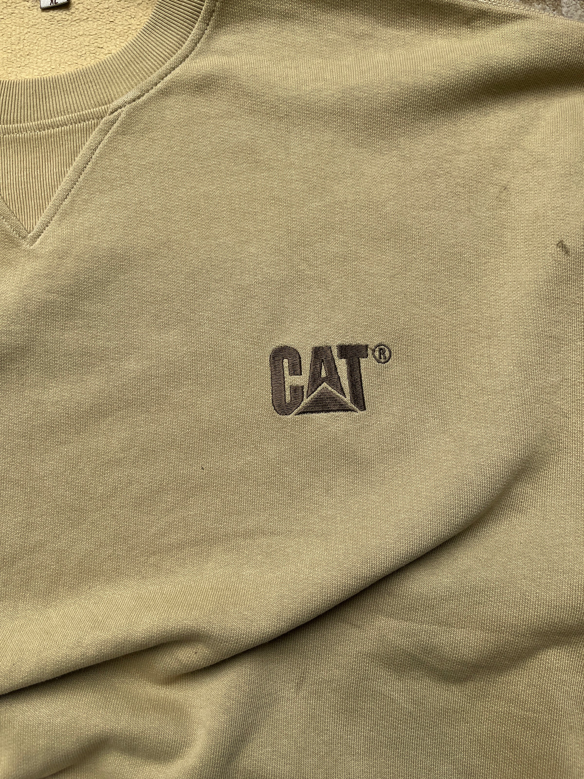 CAT Caterpillar Beige Embroidered Logo V-Insert Fleece Crewneck Sweatshirt - L
