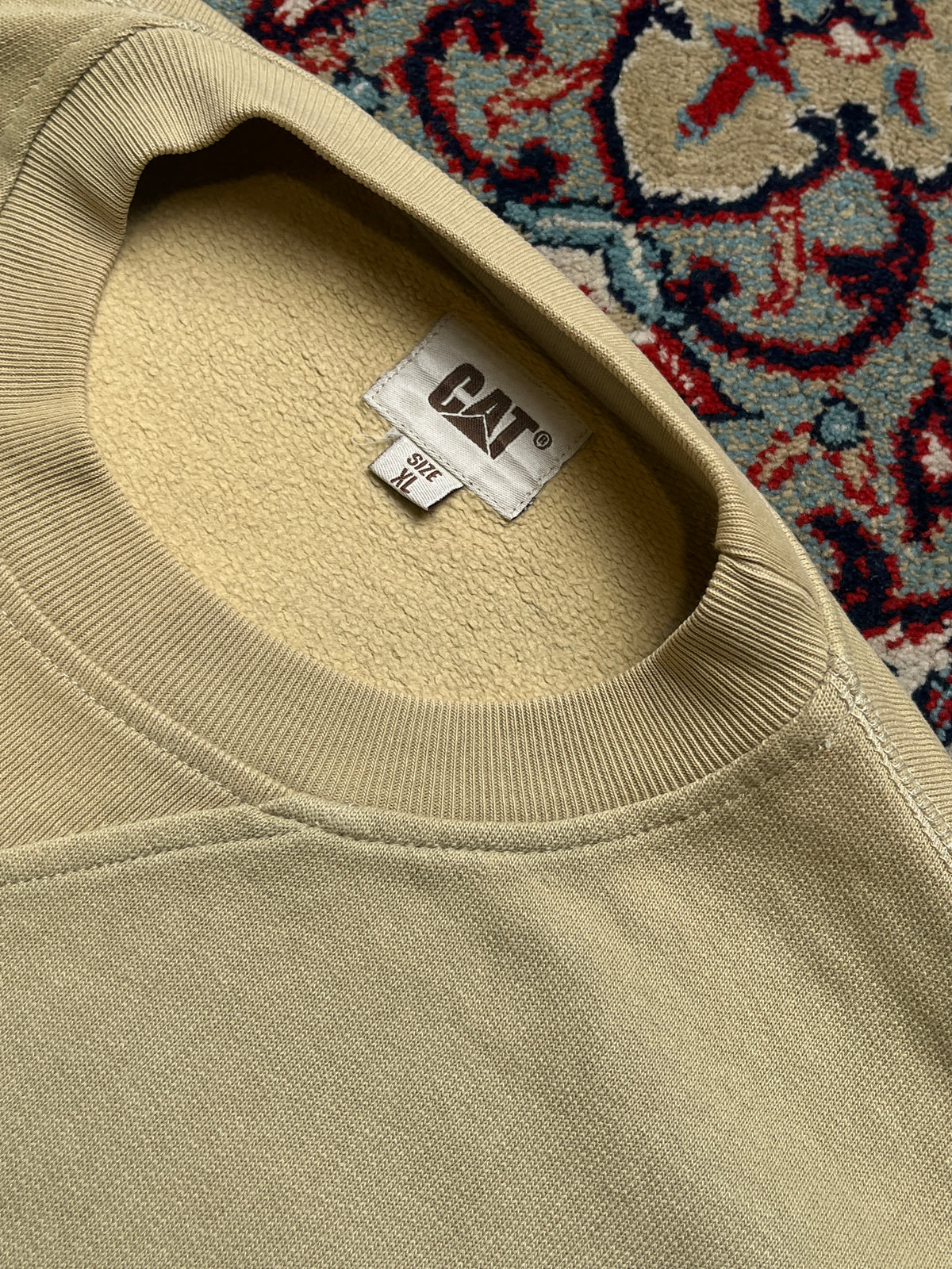 CAT Caterpillar Beige Embroidered Logo V-Insert Fleece Crewneck Sweatshirt - L