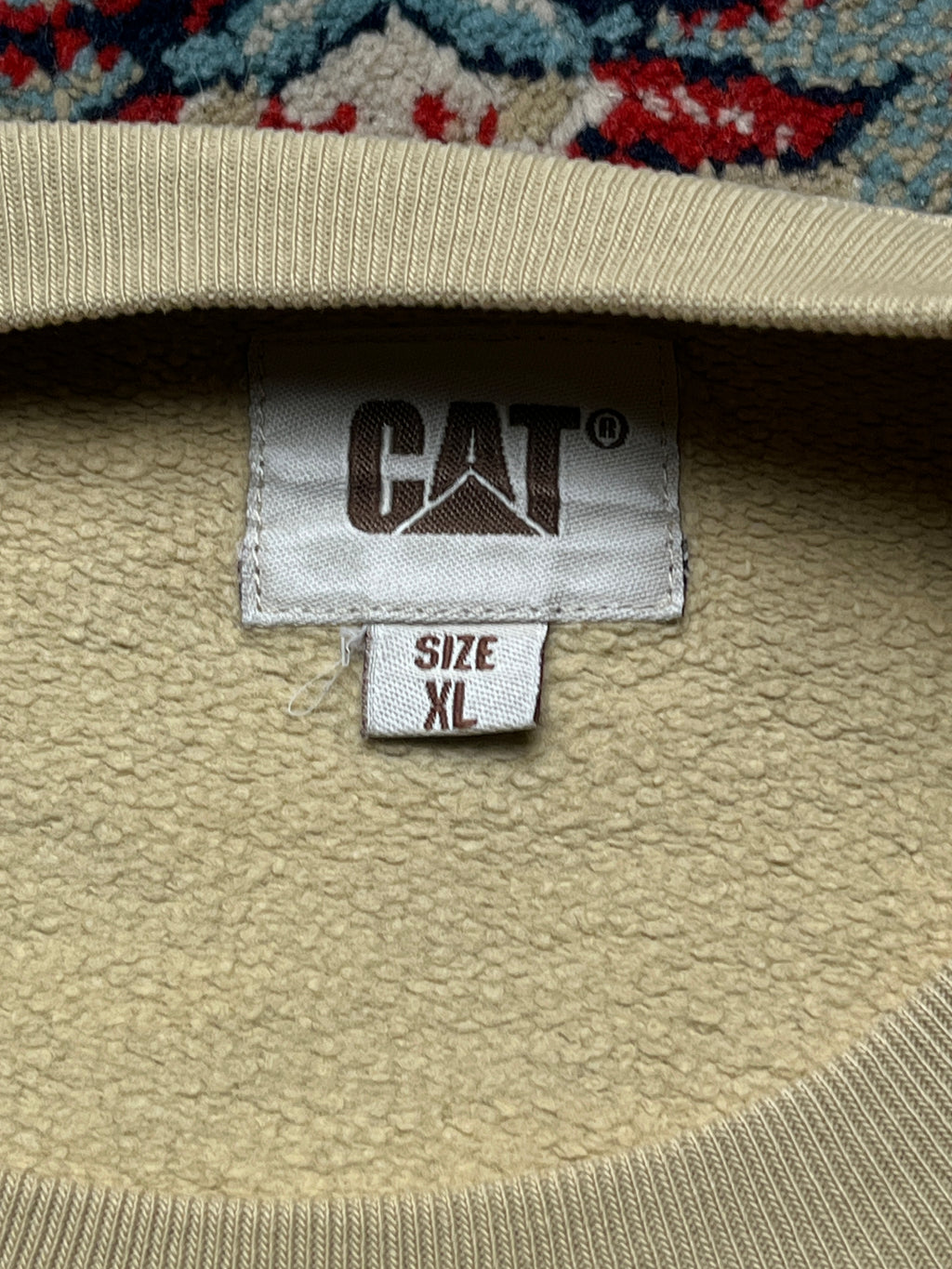 CAT Caterpillar Beige Embroidered Logo V-Insert Fleece Crewneck Sweatshirt - L