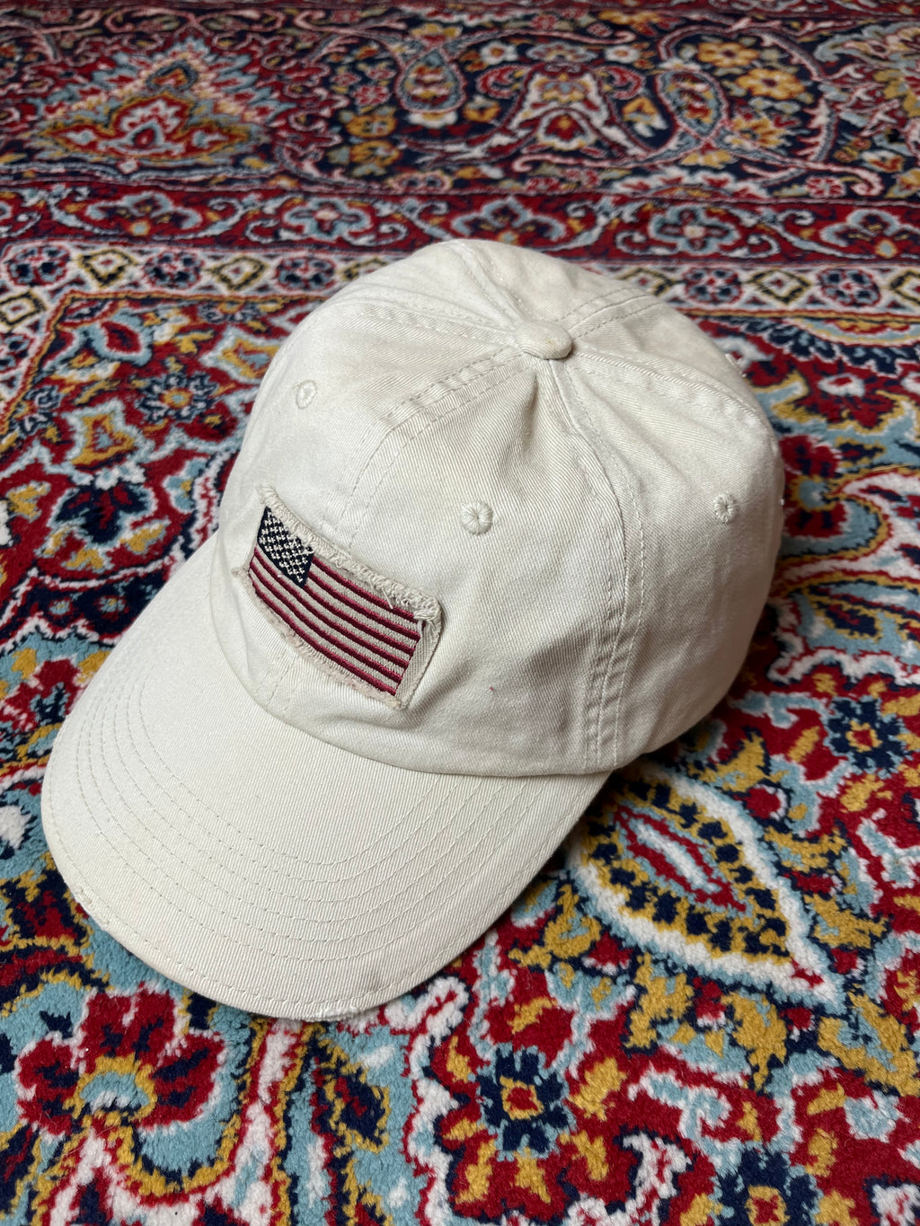 Off White American Flag Patch Distressed Cotton Adjustable CAP