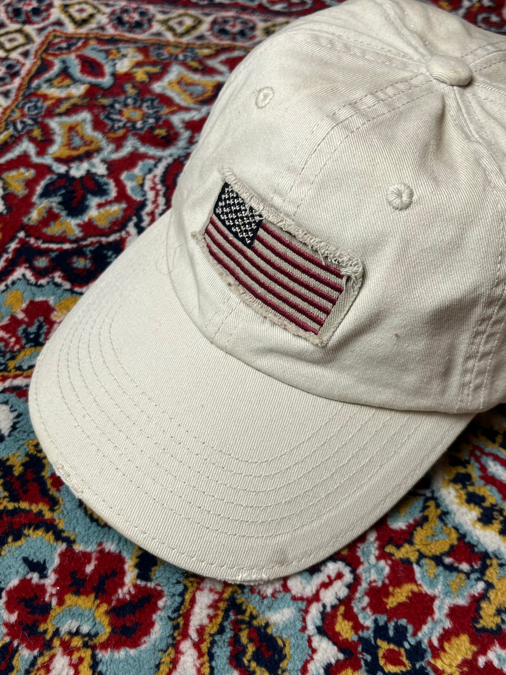 Off White American Flag Patch Distressed Cotton Adjustable CAP