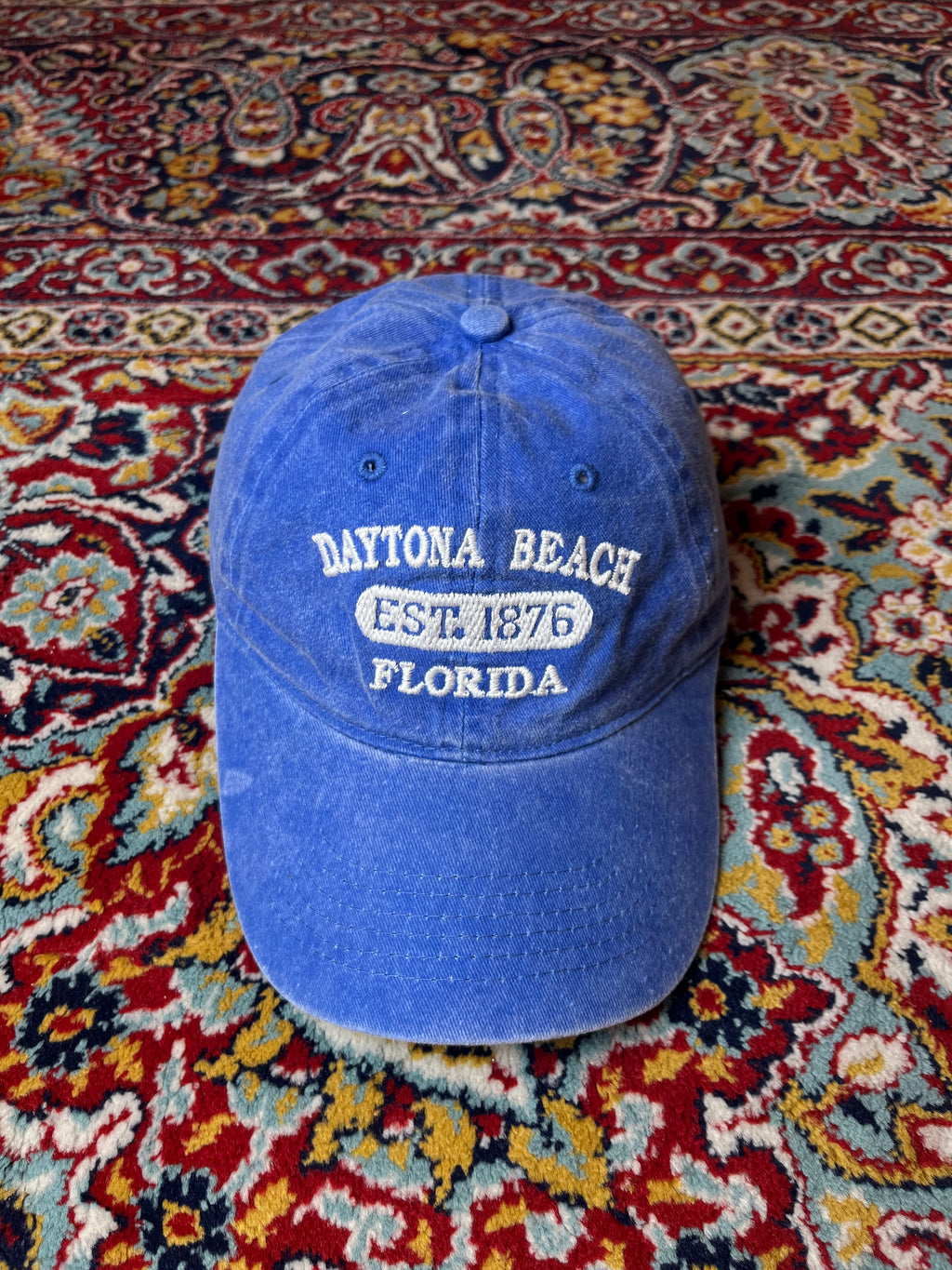 VINTAGE DAYTONA BEACH FLORIDA EST 1876 BLUE WASHED STRAPBACK CAP