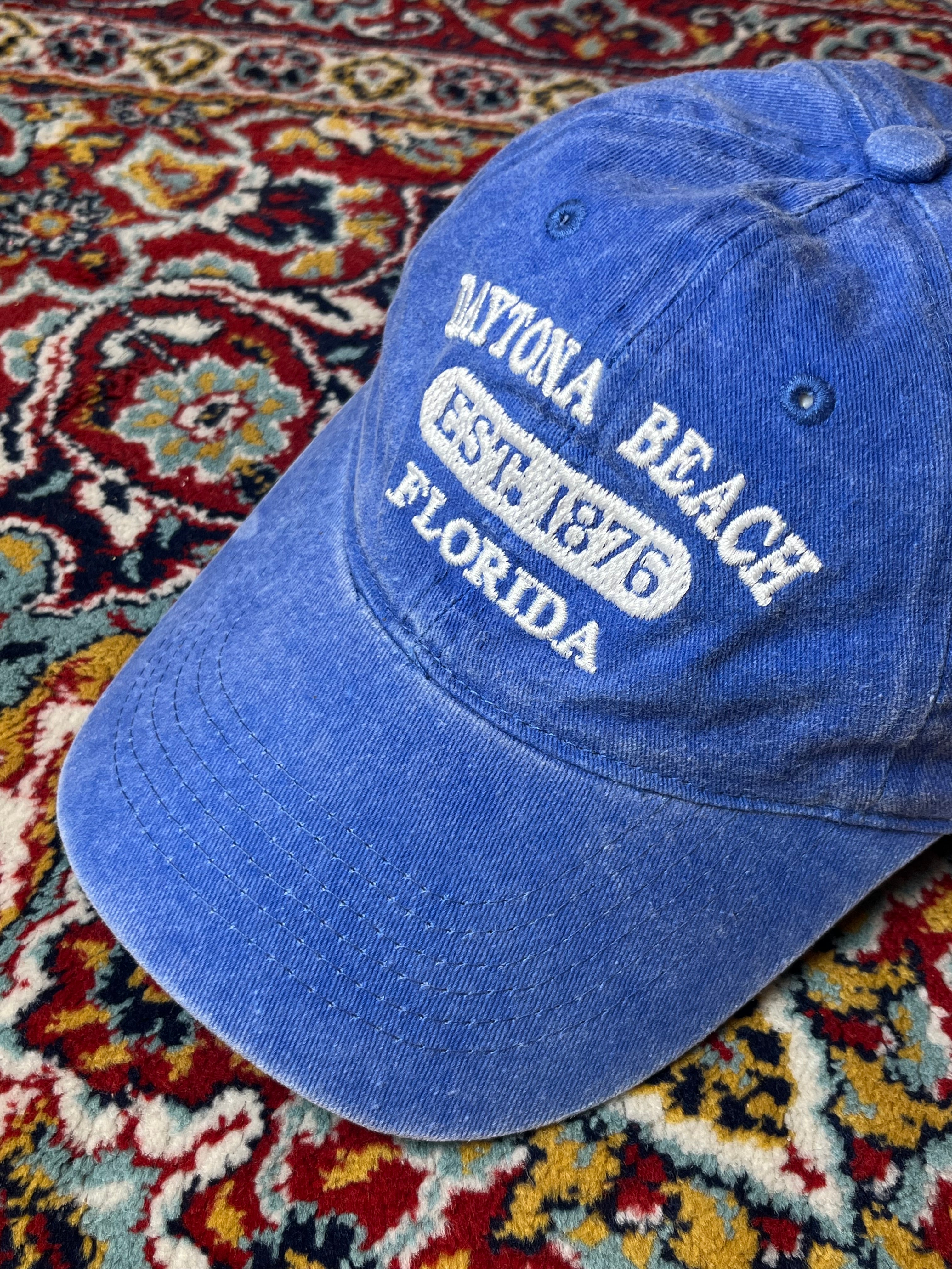 VINTAGE DAYTONA BEACH FLORIDA EST 1876 BLUE WASHED STRAPBACK CAP
