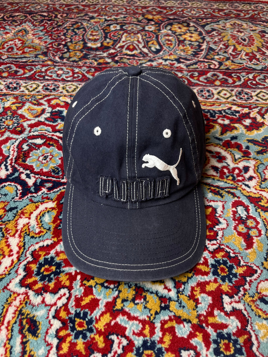 PUMA EMBROIDERED BIG LOGO CONTRAST STITCH NAVY BLUE STRAPBACK CAP