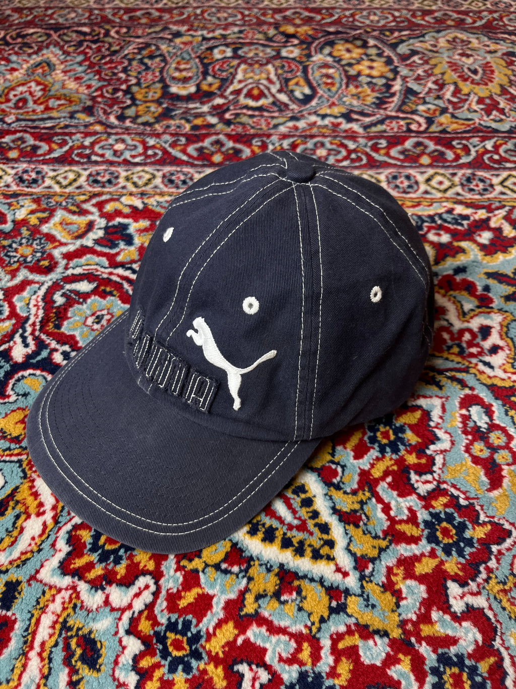 PUMA EMBROIDERED BIG LOGO CONTRAST STITCH NAVY BLUE STRAPBACK CAP