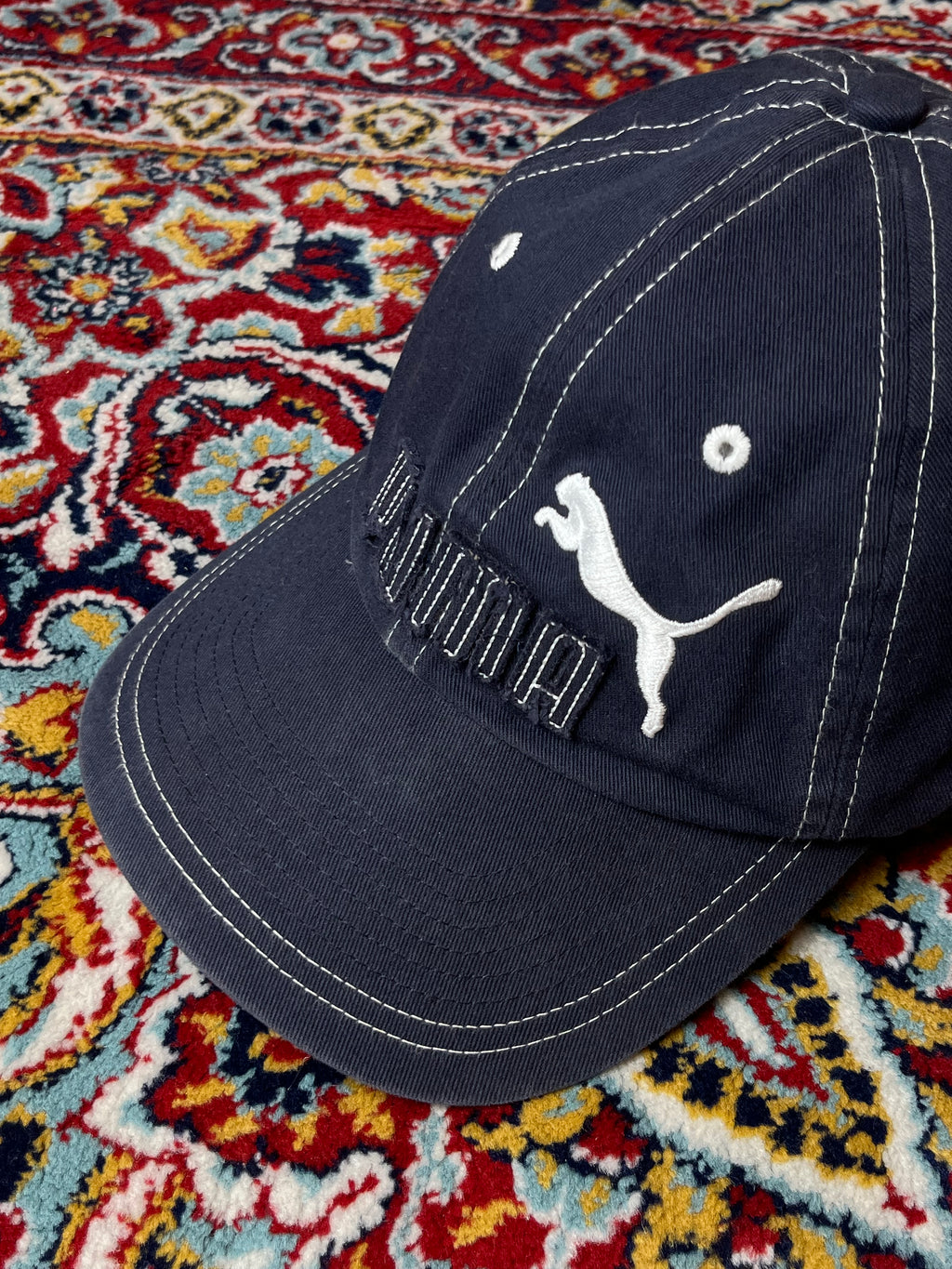 PUMA EMBROIDERED BIG LOGO CONTRAST STITCH NAVY BLUE STRAPBACK CAP