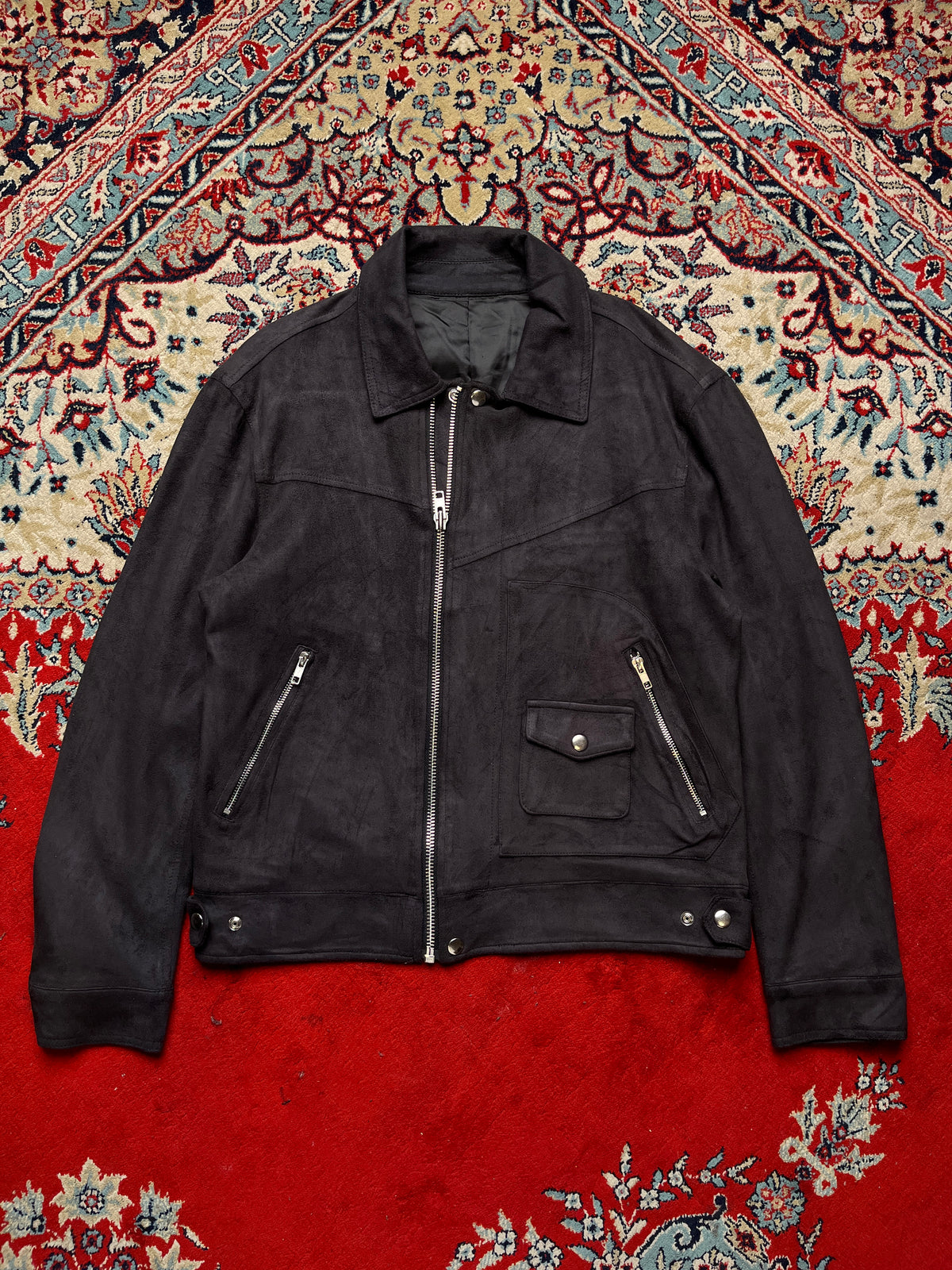 Black Faux Suede Multi-Pocket Harrington Bomber Jacket - M
