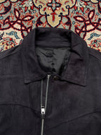 Black Faux Suede Multi-Pocket Harrington Bomber Jacket - M