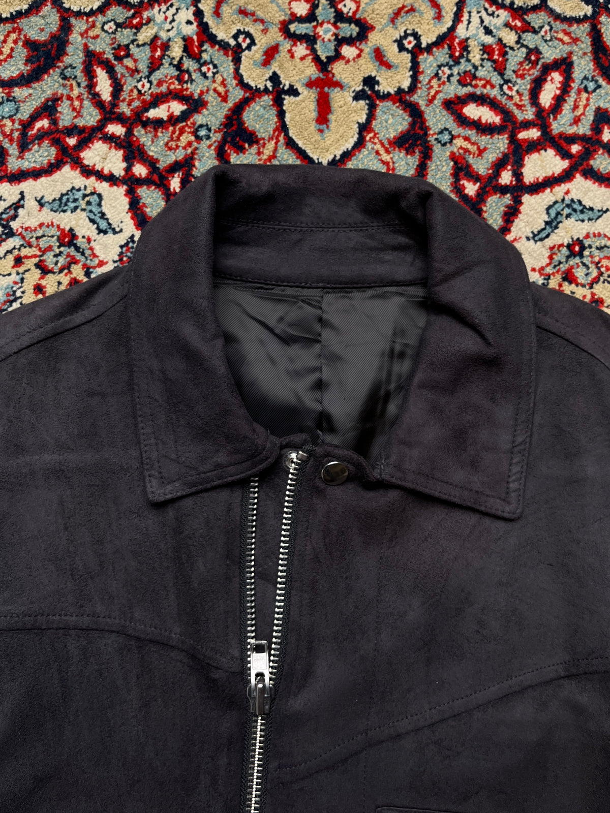 Black Faux Suede Multi-Pocket Harrington Bomber Jacket - M