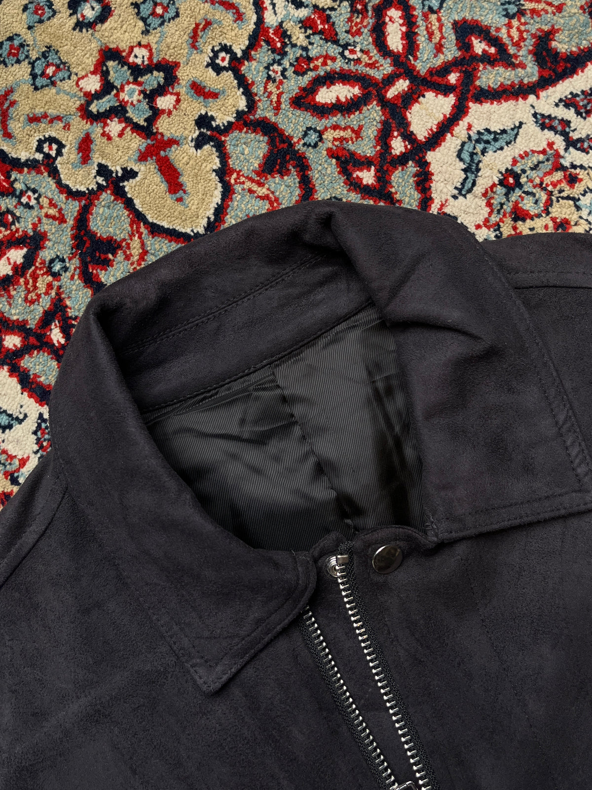 Black Faux Suede Multi-Pocket Harrington Bomber Jacket - M