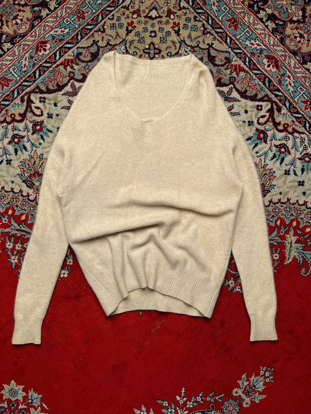 TIARA Womens Beige Angora Wool Deep V-Neck Knit Sweater - M