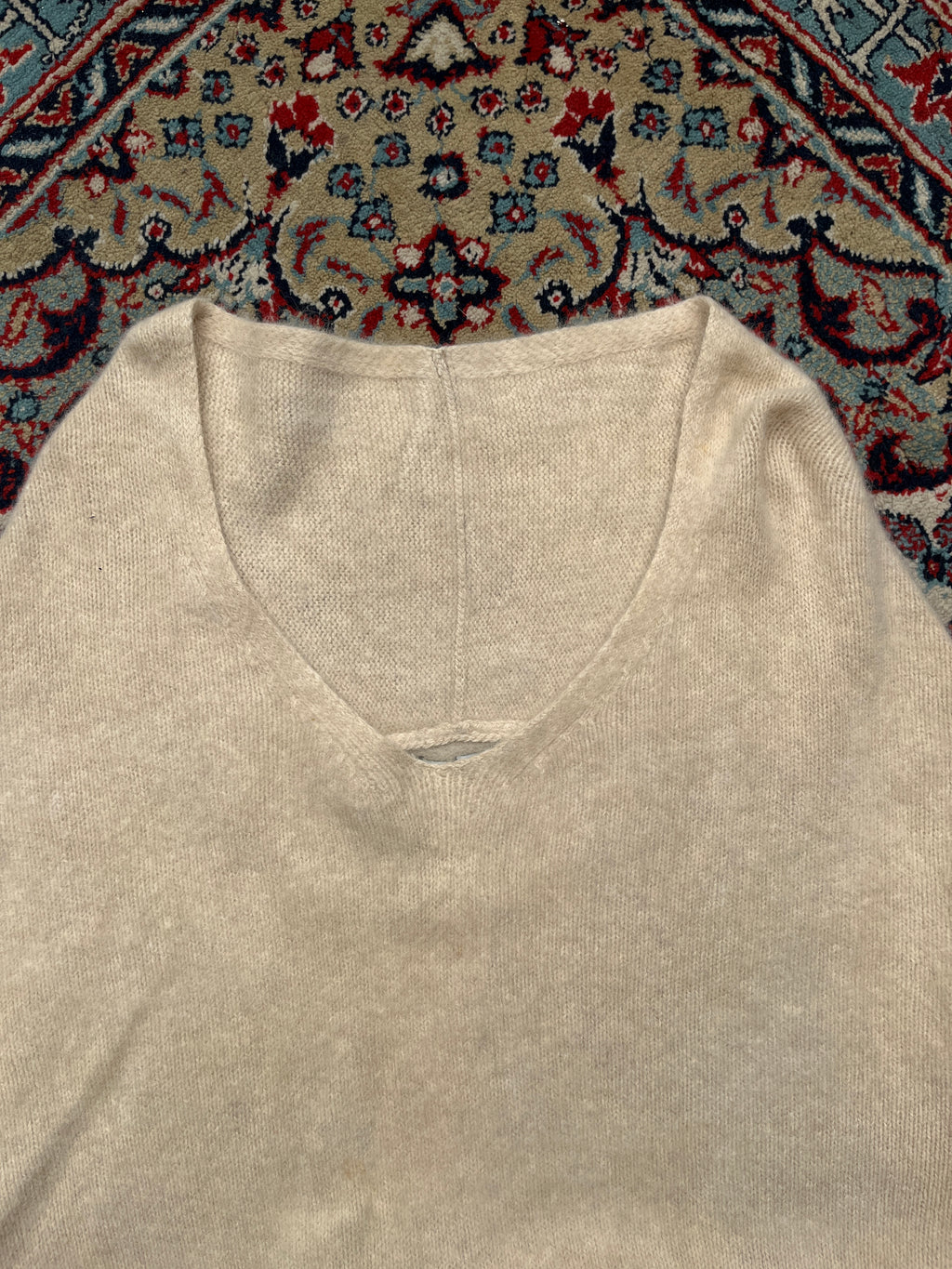 TIARA Womens Beige Angora Wool Deep V-Neck Knit Sweater - M