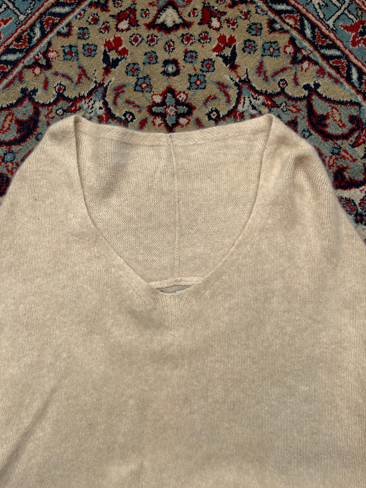 TIARA Womens Beige Angora Wool Deep V-Neck Knit Sweater - M