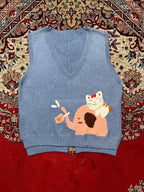 Womens Dusty Blue Graphic Elephant & Cat Knit SLEEVLESS Sweater - L
