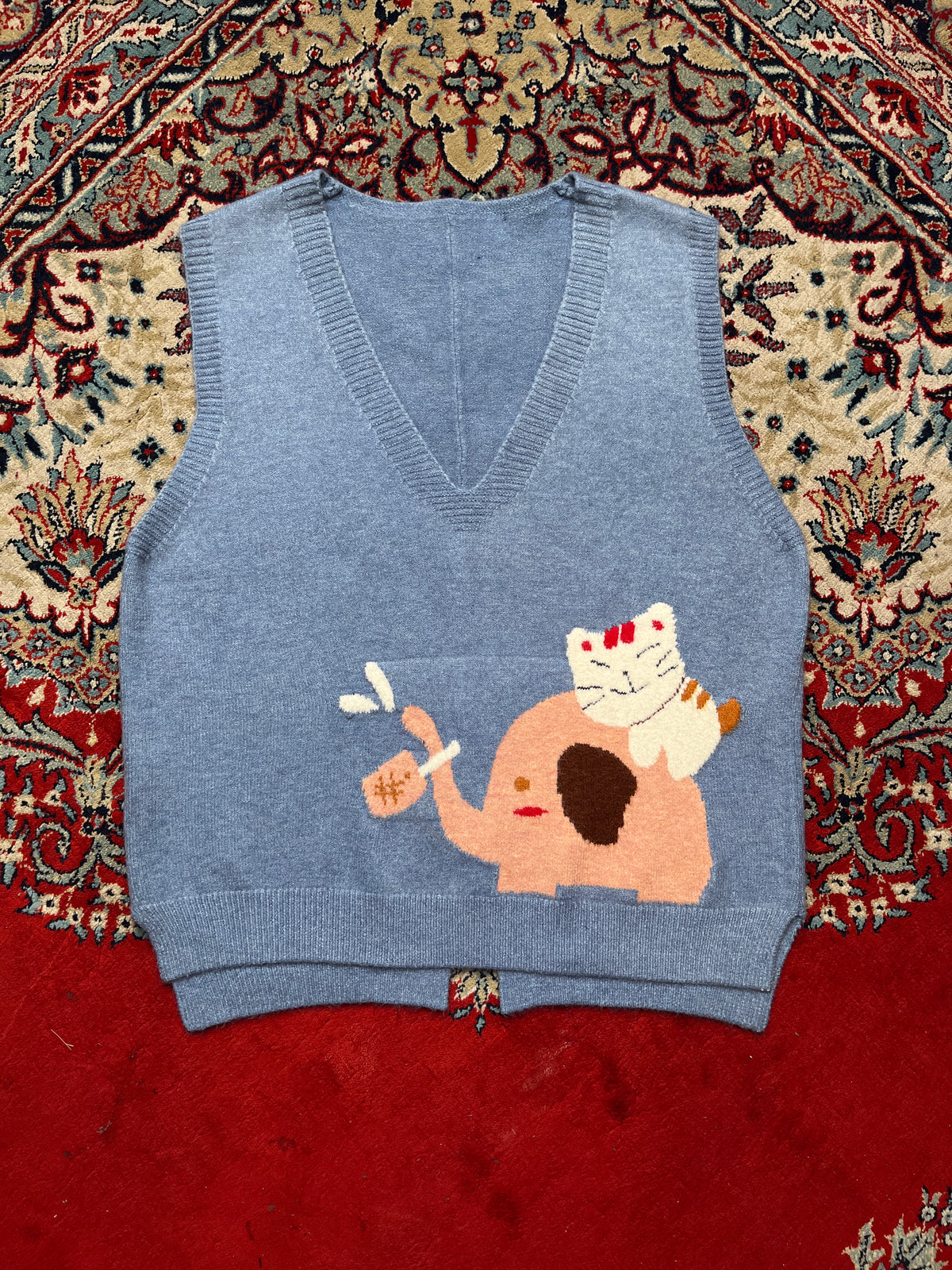 Womens Dusty Blue Graphic Elephant & Cat Knit SLEEVLESS Sweater - L