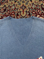 Womens Dusty Blue Graphic Elephant & Cat Knit SLEEVLESS Sweater - L