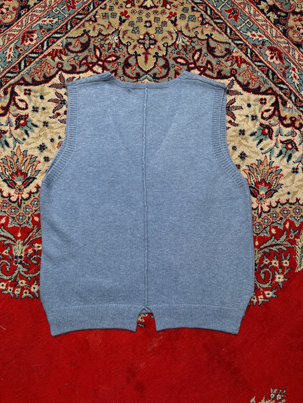 Womens Dusty Blue Graphic Elephant & Cat Knit SLEEVLESS Sweater - L