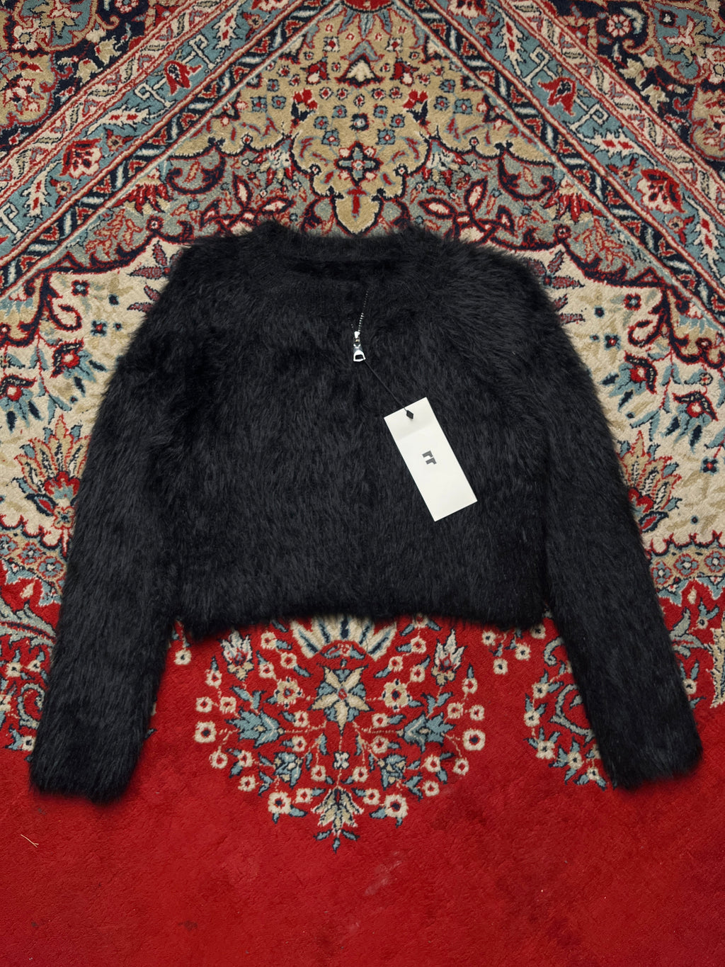 Womens Black Fuzzy Eyelash Knit Zip Cropped JACKET - S
