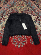 Womens Black Fuzzy Eyelash Knit Zip Cropped JACKET - S