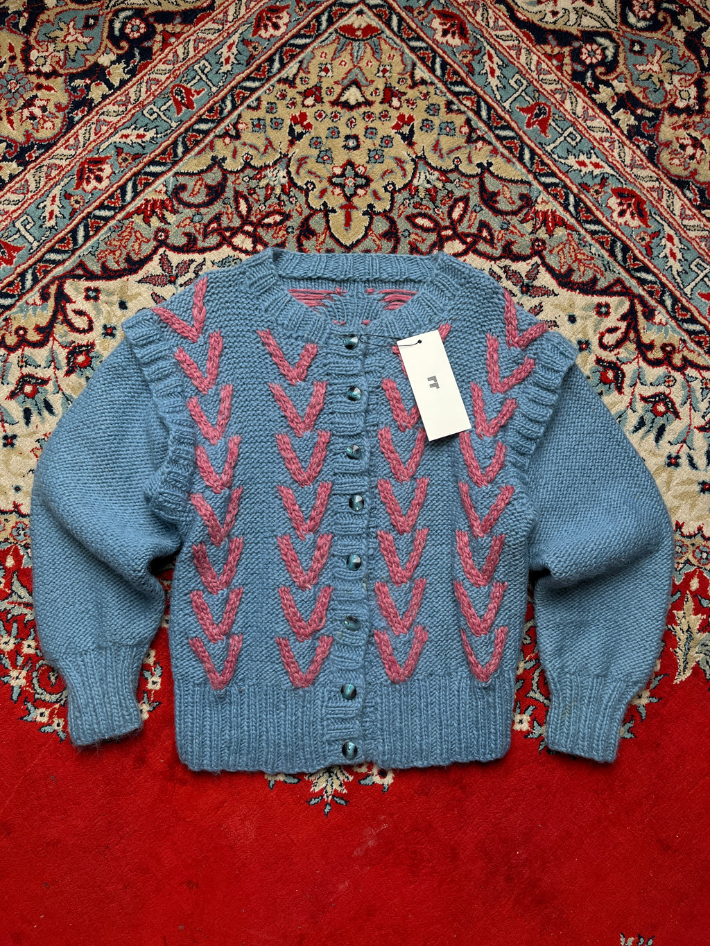 Womens Blue Pink Chevron Pattern Chunky Knit Cardigan - M