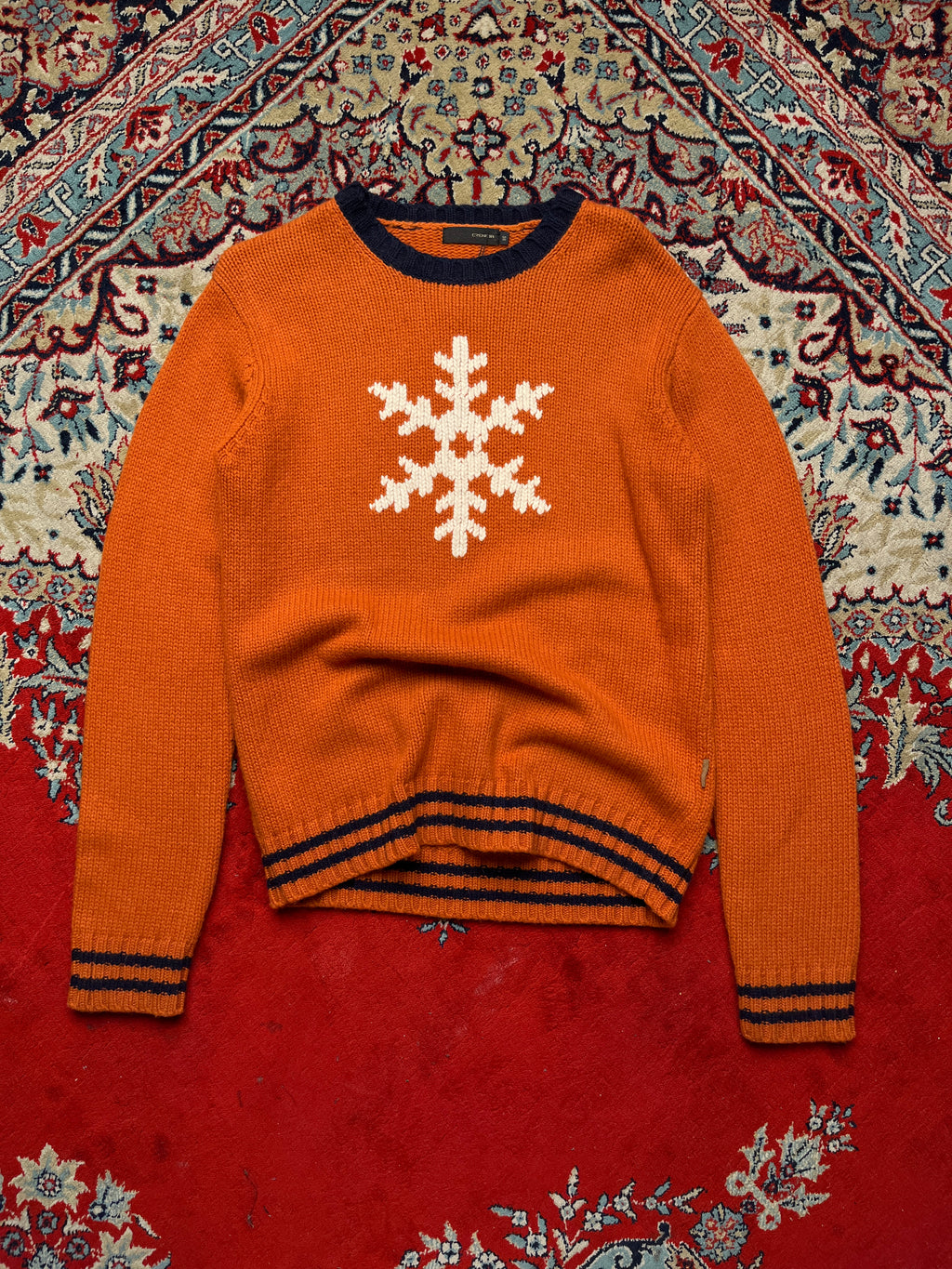 Crencia Orange Snowflake Graphic Striped Knit Crewneck Sweater - L