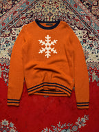Crencia Orange Snowflake Graphic Striped Knit Crewneck Sweater - L