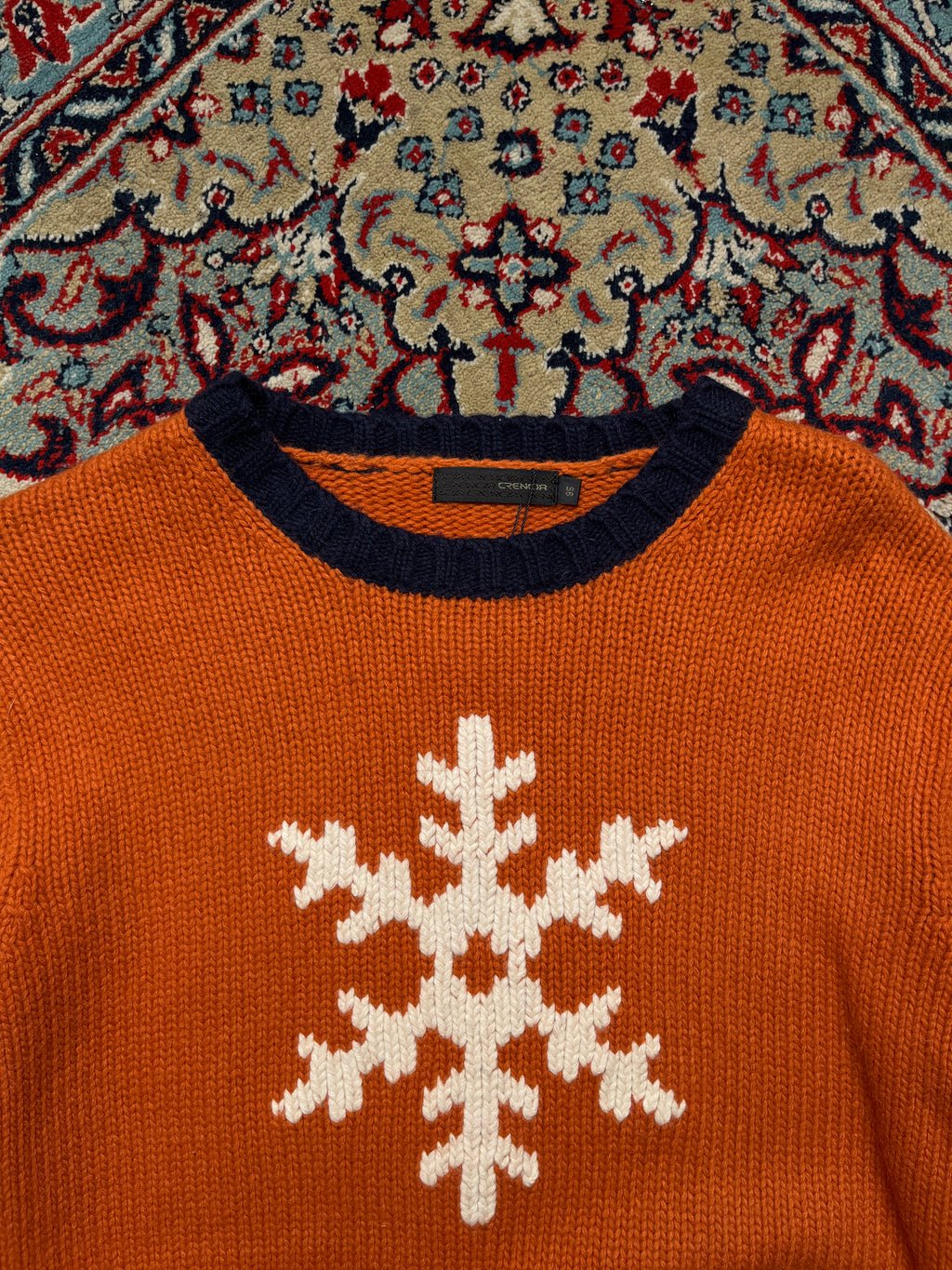 Crencia Orange Snowflake Graphic Striped Knit Crewneck Sweater - L