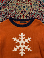 Crencia Orange Snowflake Graphic Striped Knit Crewneck Sweater - L